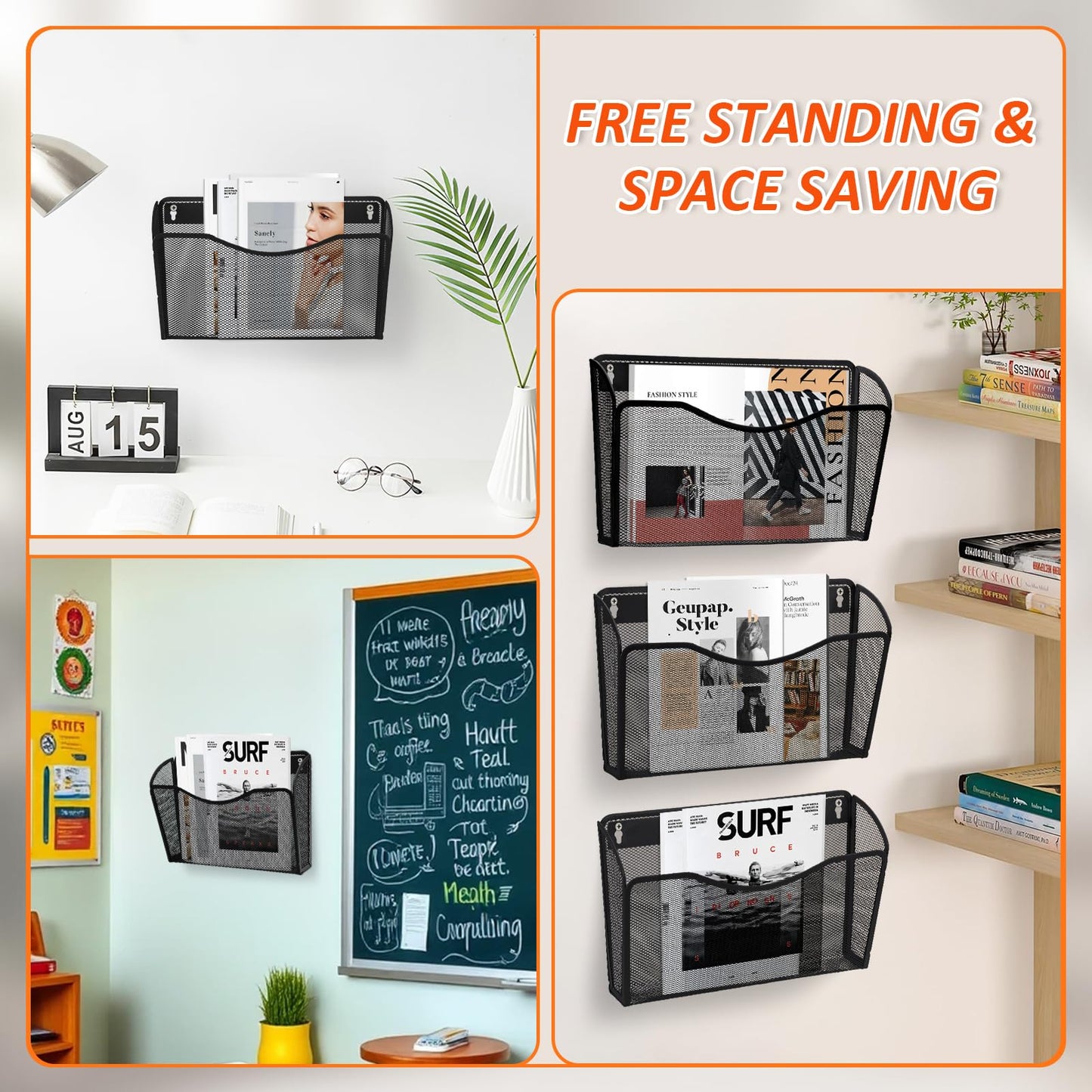 Wall Mount File Holder (3 Pack), AGPtek Wall File Holder, Hanging Wall File Organizer, Pocket Mesh Metal File Holder Organizer for papers, files and Home (Black)