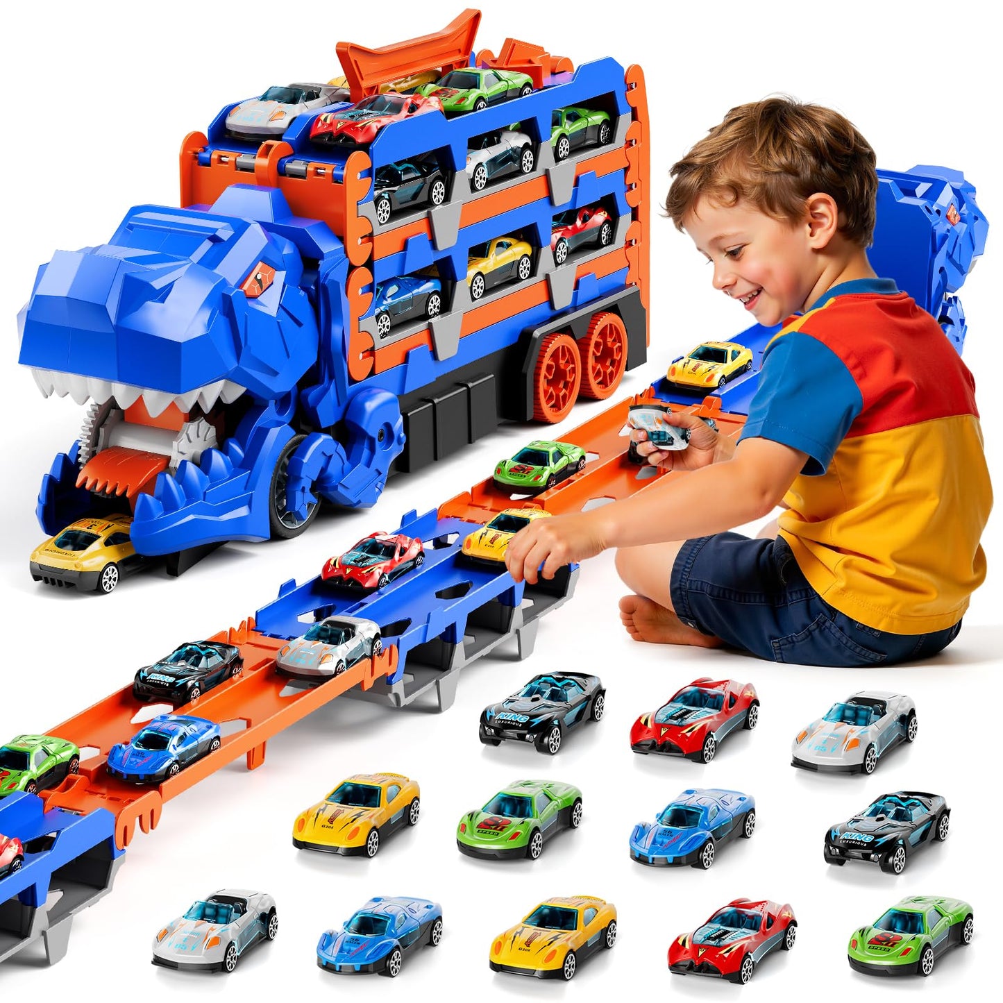 Dinosaur Transport Truck Toys – Large Carrier Truck Sets for 3 4 5 6 7 Years Old,Transformation Track Car Eating Truck with 12 Small Vehicles,Toddler Car Toy Set for Kids Boys Girls (Blue)
