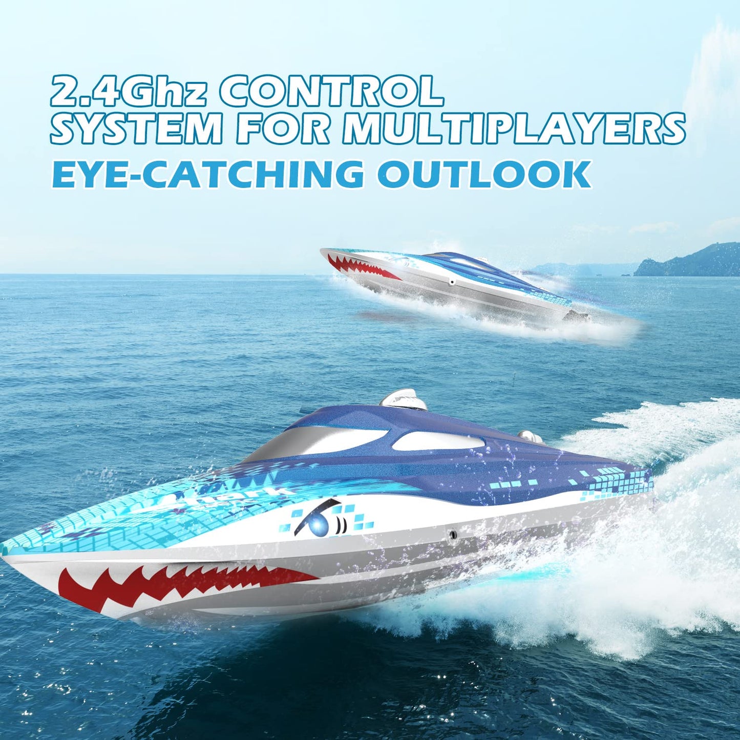 DEERC High Speed RC Racing Boat W/Shark Graffiti, 20+ MPH, Fast Remote Control Boat W/LED Lights for Pools and Lakes, 2.4Ghz RC Shark Toy for Kids & Adults, Demo Mode, Capsize Recovery, Water Toy