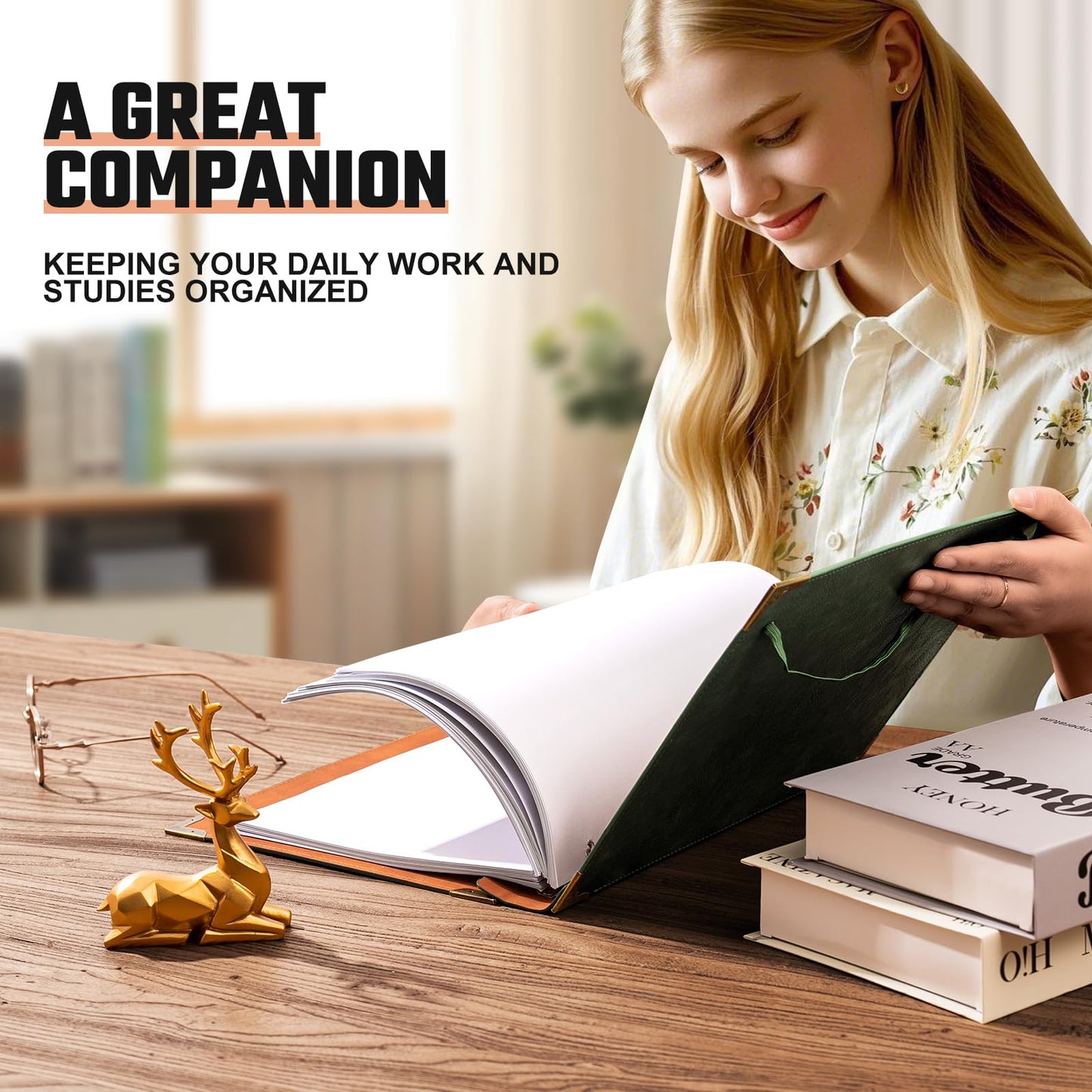 Ovesmusl Leather 3 Ring Binder Fits 8.5"x11" Letter Size Paper, 2 Inch Round Ring Binder Holds 500 Sheets, Notepad Paper Cover Loose Leaf Organizer, Green Tree