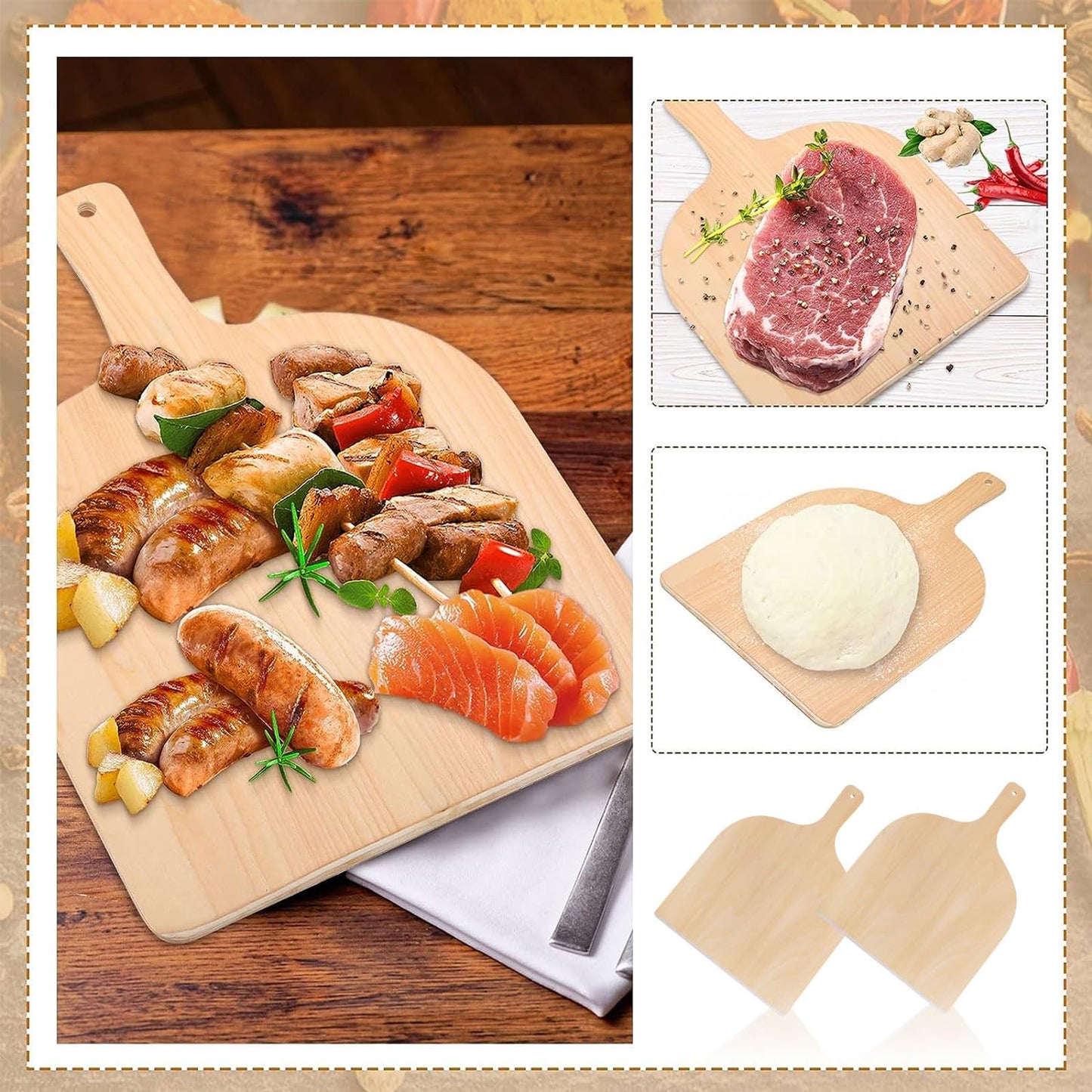 4 Pcs Wood Pizza Peel Wooden Paddle Natural Board with Handle Spatula Cutting for Restaurant Baking Homemade and Bread Fruit Vegetables Cheese