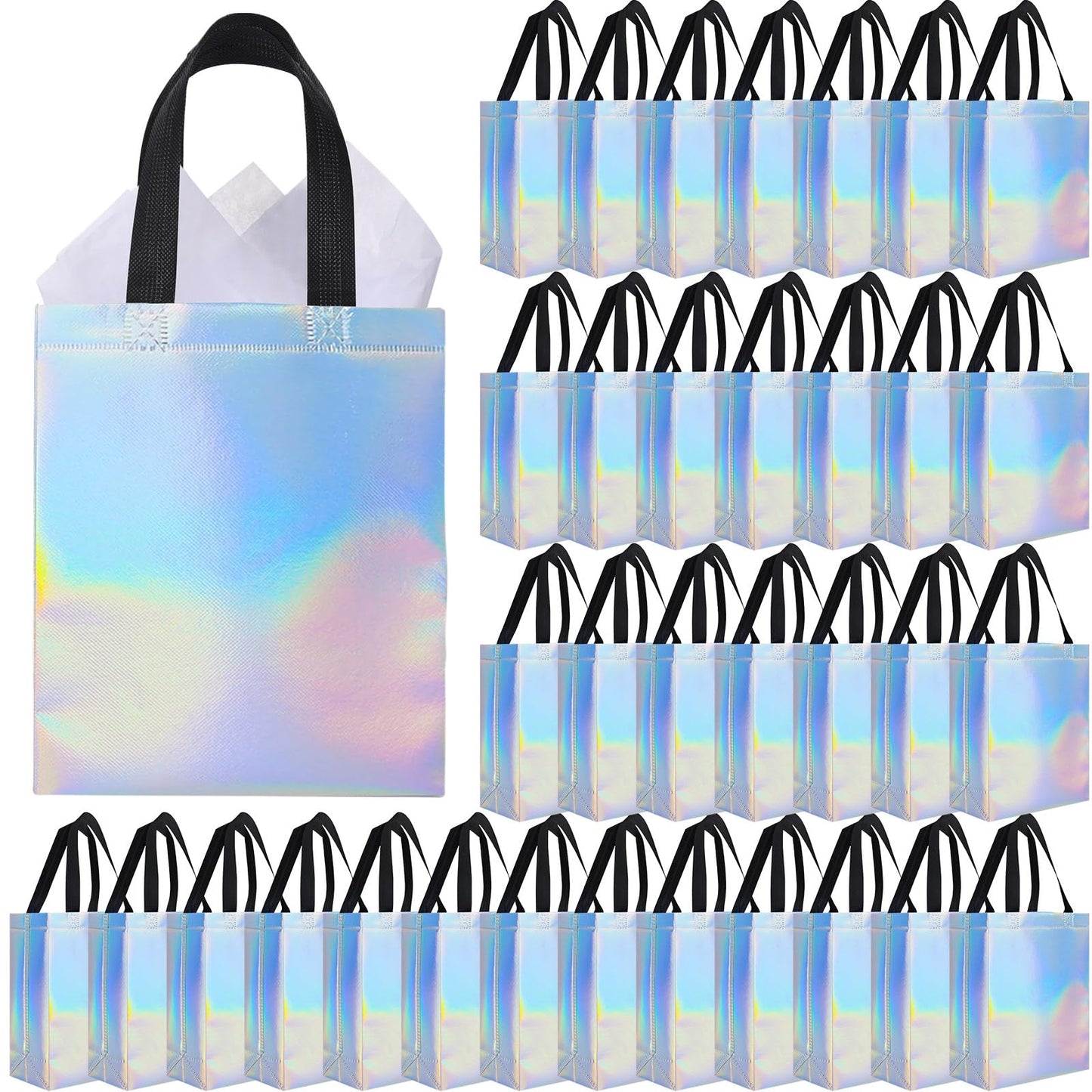Eccliy 60 Sets Reusable Gift Bags with Tissues Papers, Glossy Non Woven Tote Bags with Handles, Bright Grocery Tote for Pooja, Halloween, Christmas(Iridescence)