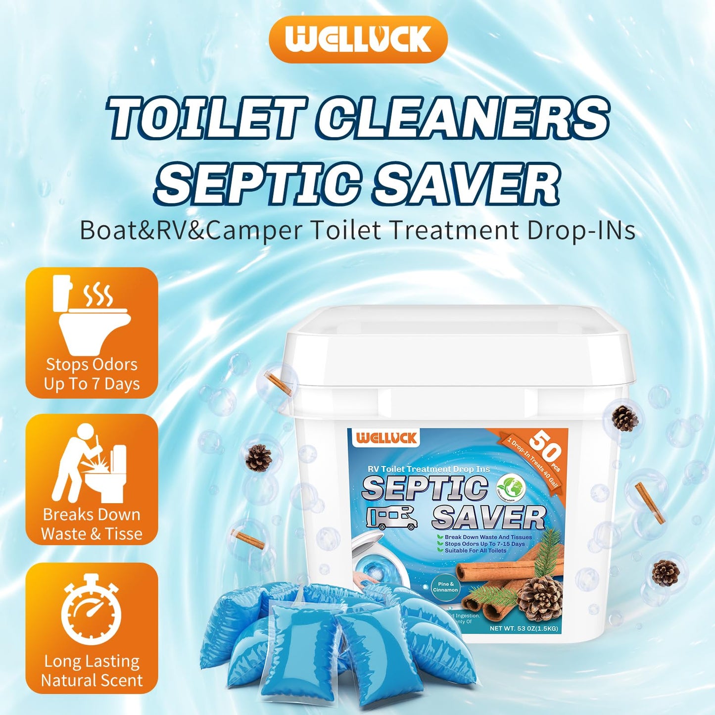 WELLUCK 50 Packs RV Toilet Treatment Drop Ins, Black Tank Deodorizer for Camper, Marine Portable Toilet, Break Down Waste and Tissue, Septic Tank Treatment, Kit for 50 Week (Pine&Cinnamon)