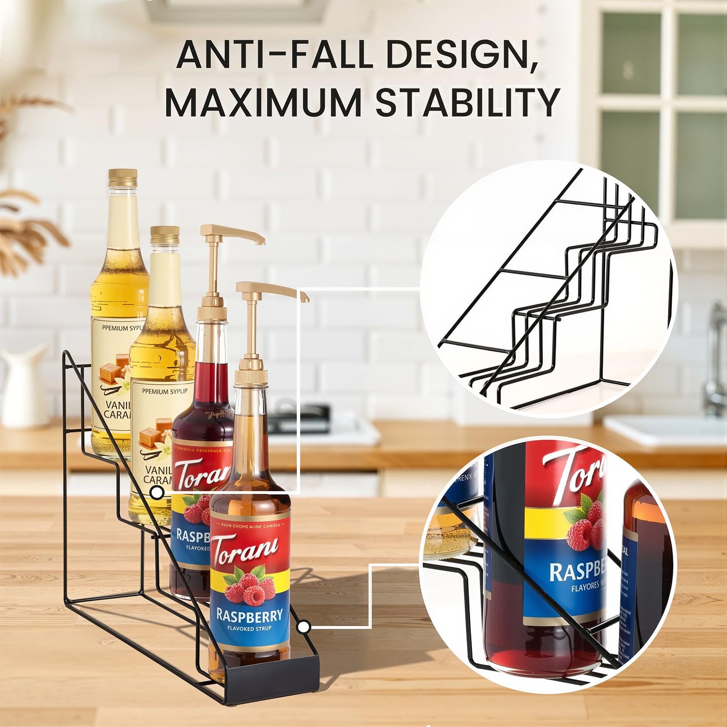 Mustry Coffee Syrup Rack for Coffee Bar Accessories, Compatible with Torani Syrup, Compatible with Monin Syrup, Coffee Bar Organizer Holds 4 Bottles