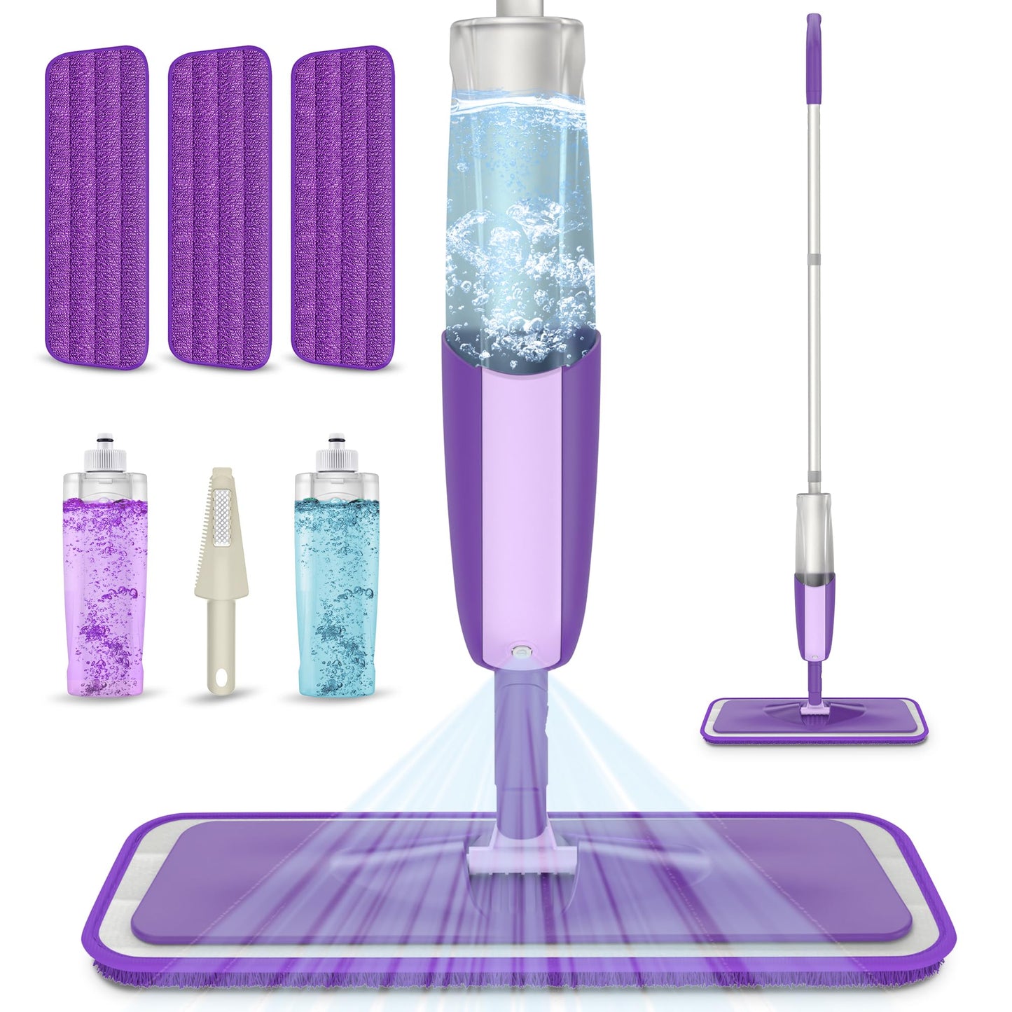 MEXERRIS Spray Mops for Floor Cleaning - Wet Dry Kitchen Floor Cleaning Mop with 2 Refillable Bottle 360°Rotatable Hardwood Mop for Laminate Wood Tiles 3 Microfiber Reusable Pads and 1 Scrubber