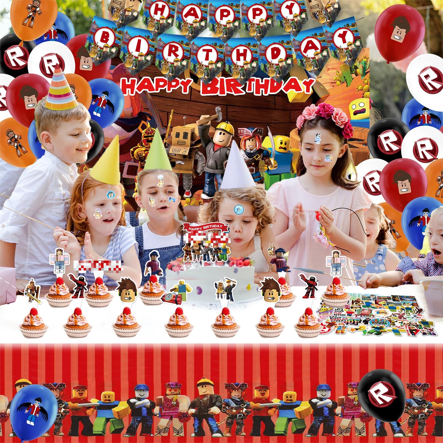 95PCS Birthday Party Decorations, Cartoon Theme Party Supplies Include Background Cloth, Banner, Stickers, Balloons, Cupcake Toppers, Tablecloth for Kids Birthday Party