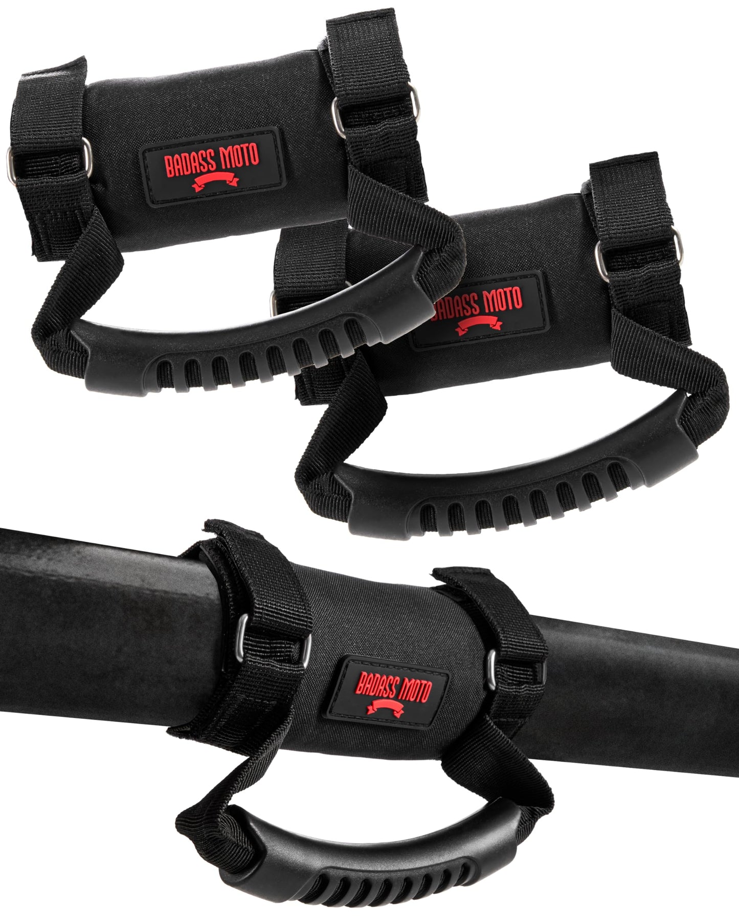 Badass Moto Roll Bar Grab Handles - SXS, ATV, & UTV Grab Handles Grips for 1.5 to 2" Rollbar - Black & Red Hand Grip Grabs with Stainless Steel Buckles for Honda, Teryx, Can-Am, Polaris, More. 2 Pack