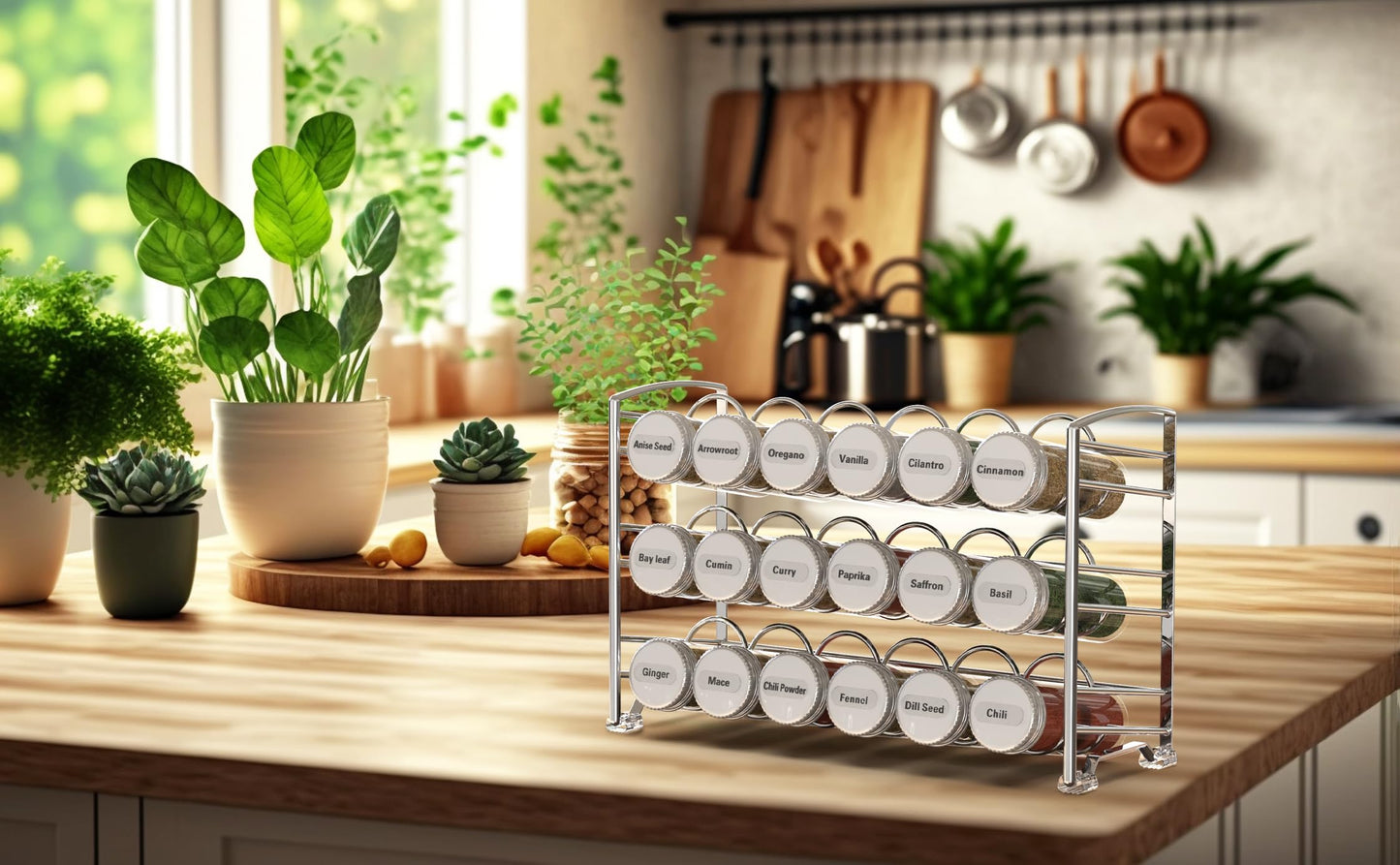 Deco Brothers Spice Rack Organizer with 18 Spice Bottles, 48 Spice Labels Set for Cabinet, Countertop, Pantry, Cupboard, Chrome