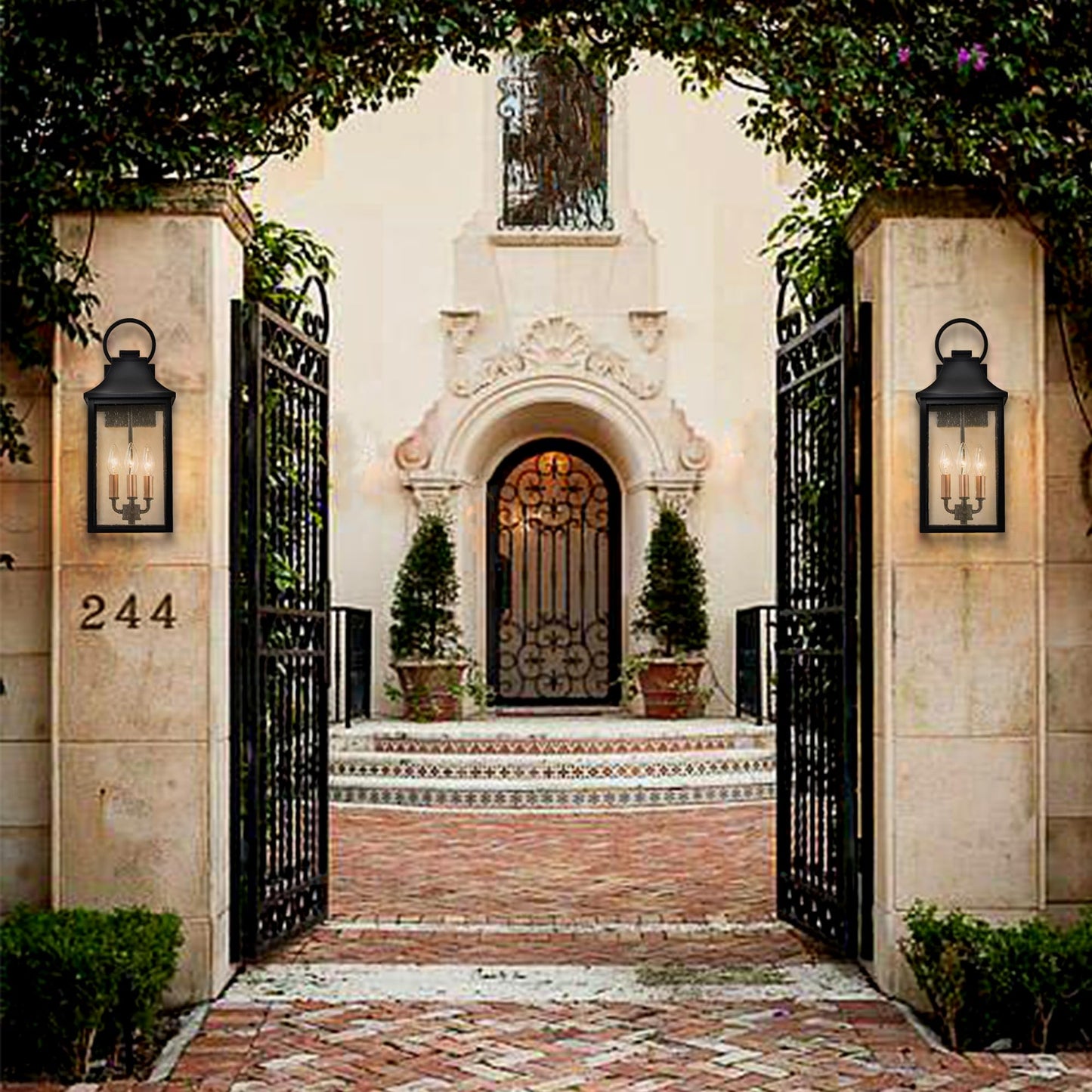 OUPAVOCS Outdoor Wall Lights Fixture for House, Large Porch Light Wall Mount, 18” Black Exterior Wall Sconce with Rose Gold 3-Light Candelabra Interior, Outside Patio Lighting for Front Porch, Garage