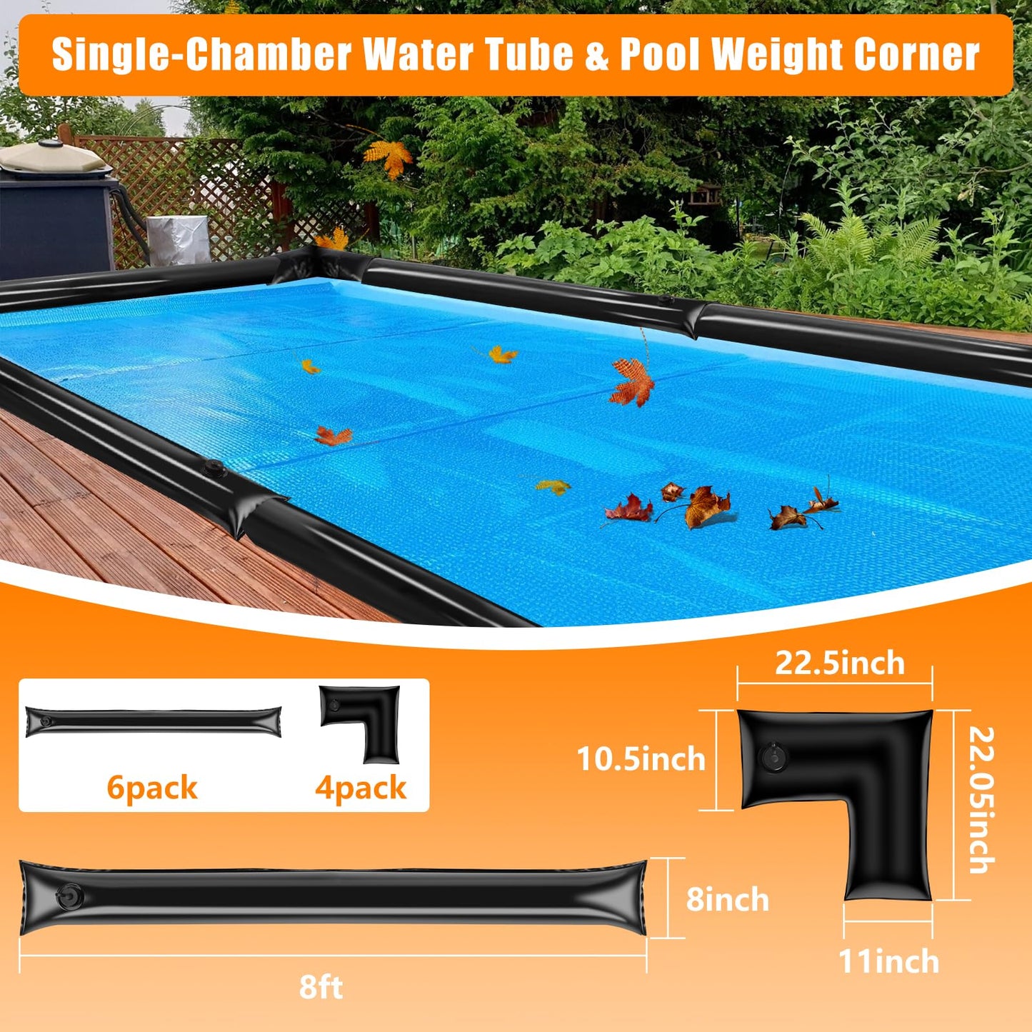 10 Pack 0.6mm Thicker Pool Cover Water Bags with Pool Cover Weights Corner, 8 Ft PVC Pool Water Tubes with Screw Caps for Winterizing for Inground Swimming Pool Winter Cover