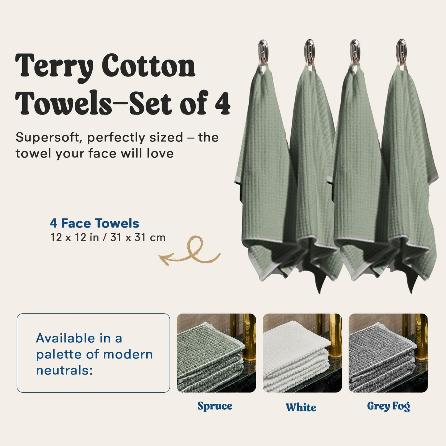ONSEN Terry Cotton Towels (Spruce, 4X Face Towels) - Quick Drying, Lightweight, and Space Saving Design