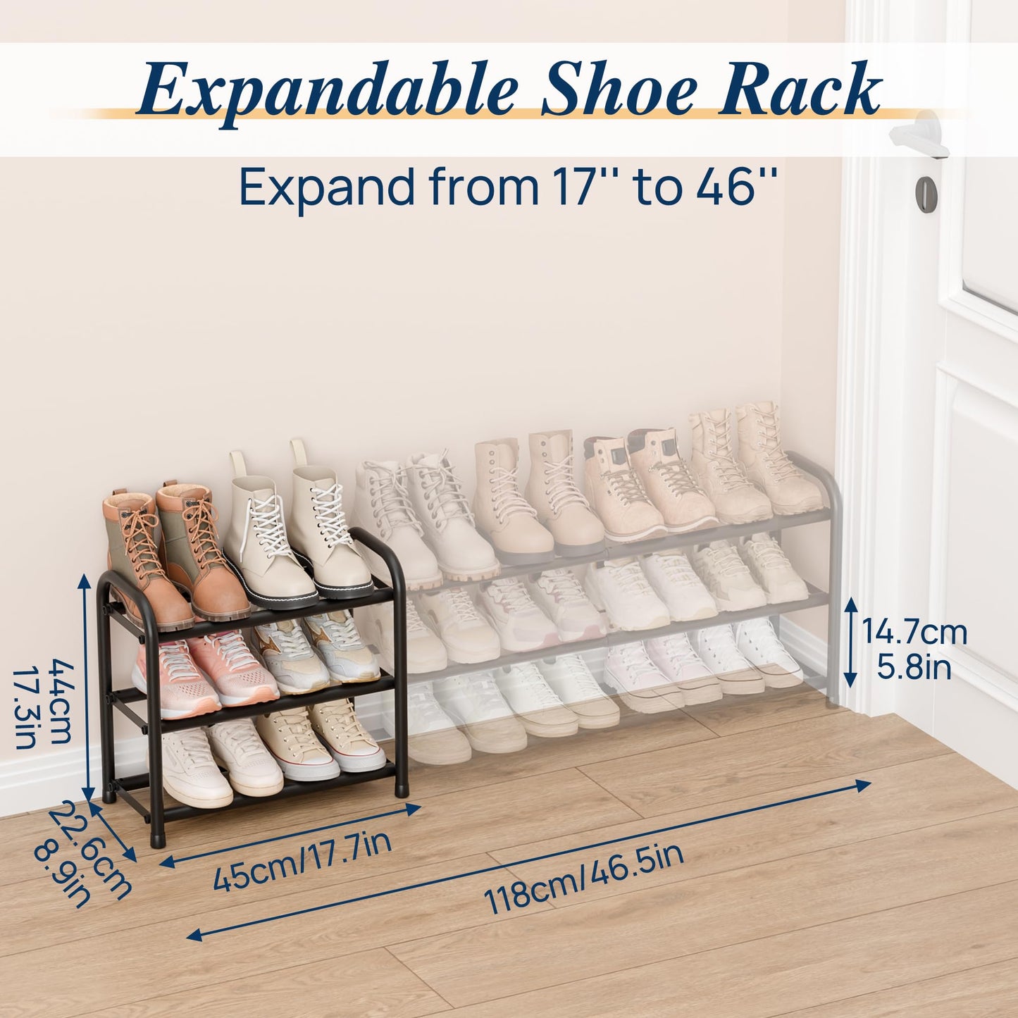 ENJOYBASICS Metal Shoe Racks for Closet, 3-Tier Adjustable Expandable Long Shoe Organizer Shelf, 45 to 118 cm，for 6-18 Pairs, Free Standing Rack Storage for Entryway