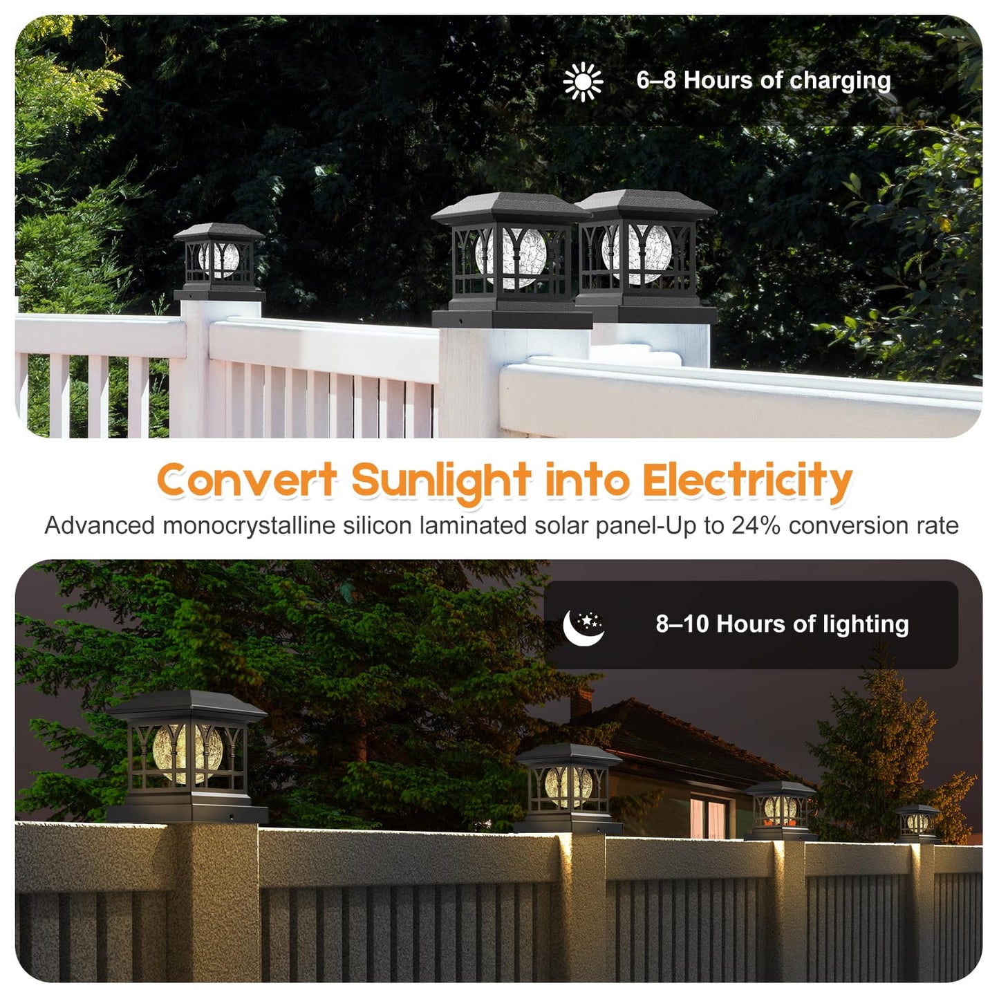AEYANZZ Fence Post Solar Lights, Crackle Glass Solar Post Cap Lights, 20 Lumens, Warm White & RGB Automatic Cycling 2 Modes for 3.6x3.6 4x4 4.5x4.5 5x5 Vinyl Wooden Posts Decoration, Black (2 Pack)