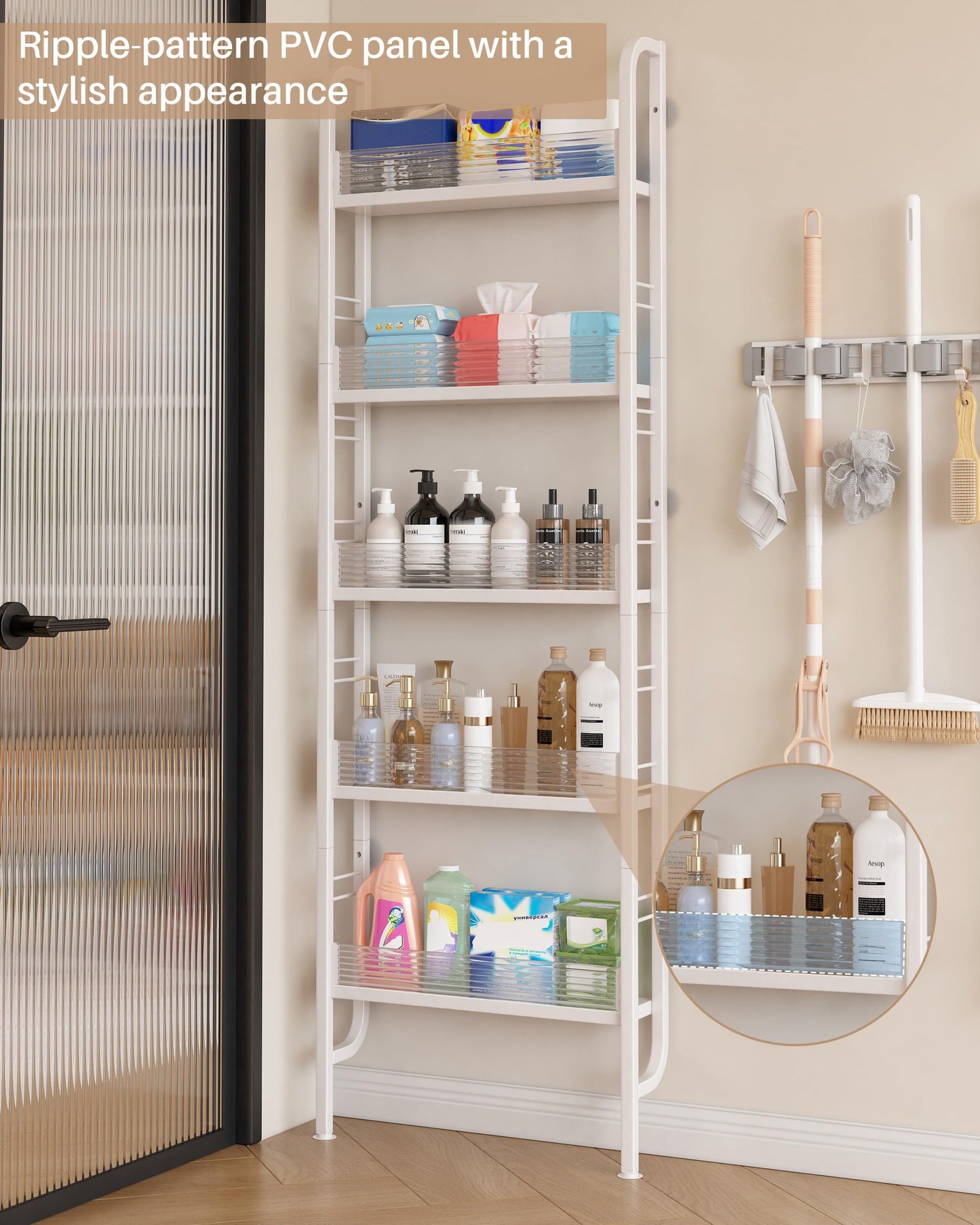 Ornestia Behind Door 5-Tier Narrow Metal Storage Shelf, Tall Slim Freestanding Bathroom Organizer Rack, Space Saving Shelving Unit Bookshelf for Kitchen Washroom Laundry Pantry White
