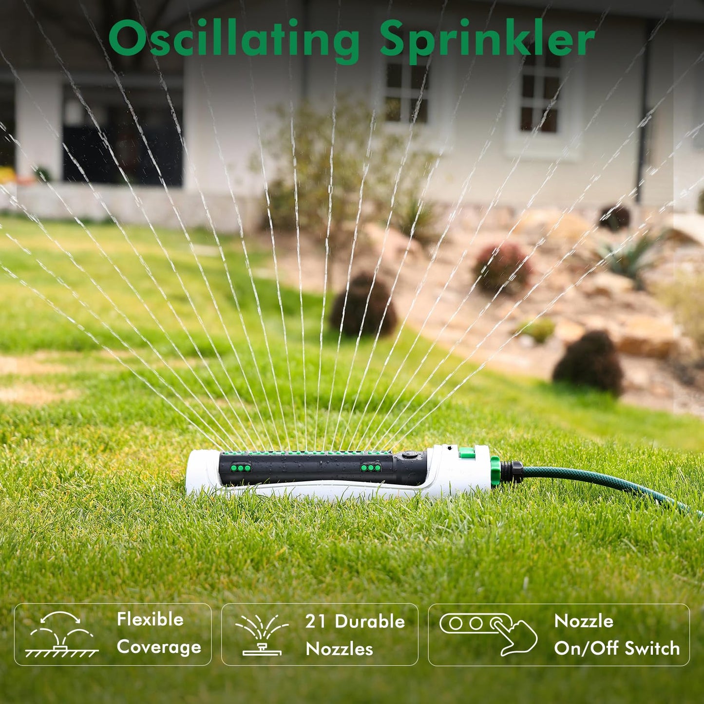 RESTMO Turbo Oscillating Sprinkler with 21 Durable Nozzles, Weighted Base, Covers Up to 4,200 Sq. Ft., Adjustable Width Sprinkler for Yard
