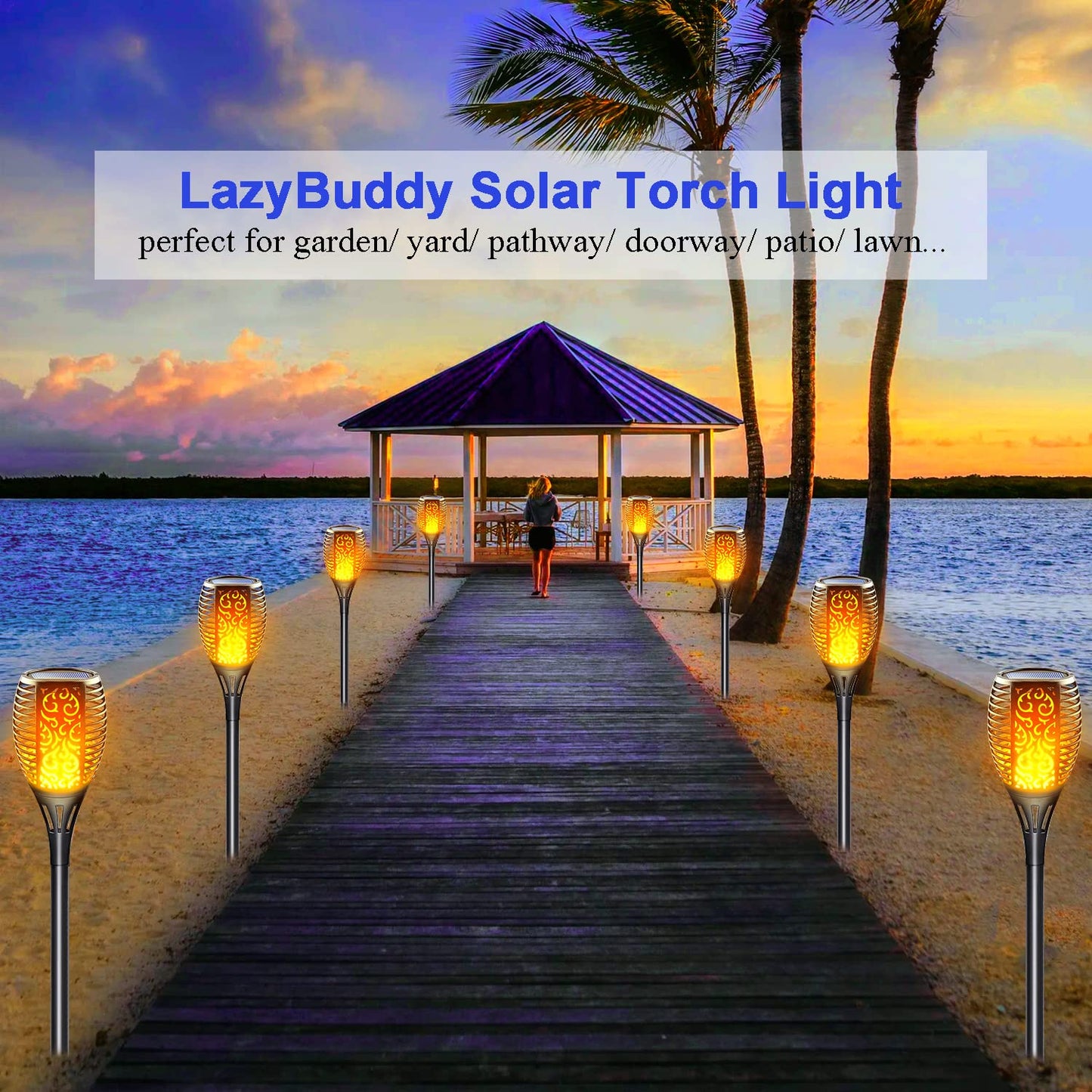 LazyBuddy 8 Pack Large Solar Tiki Torches Outdoor Waterproof - Realistic Flickering Flame 3-in-1 Hanging Lantern with Detachable Hook - All-Weather Canadian Garden, Pathway & Halloween Lights