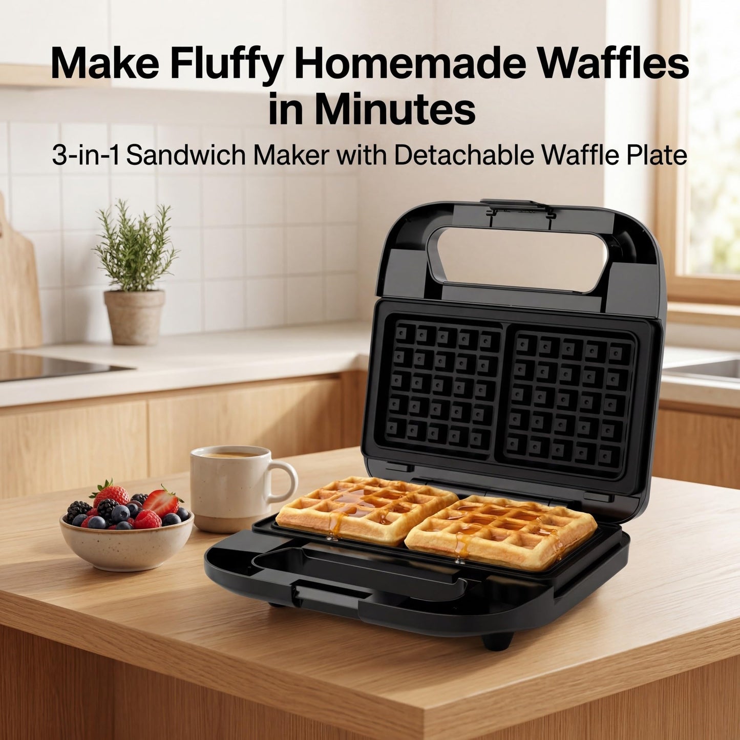 KEINVE 3 in 1 Sandwich Maker & Waffle Maker, Removable Non-Stick Plates, Panini Press, Grilled Cheese Maker, Cool-Touch Handle, LED Light, Easy Clean, 750W, for Home Kitchen Breakfast