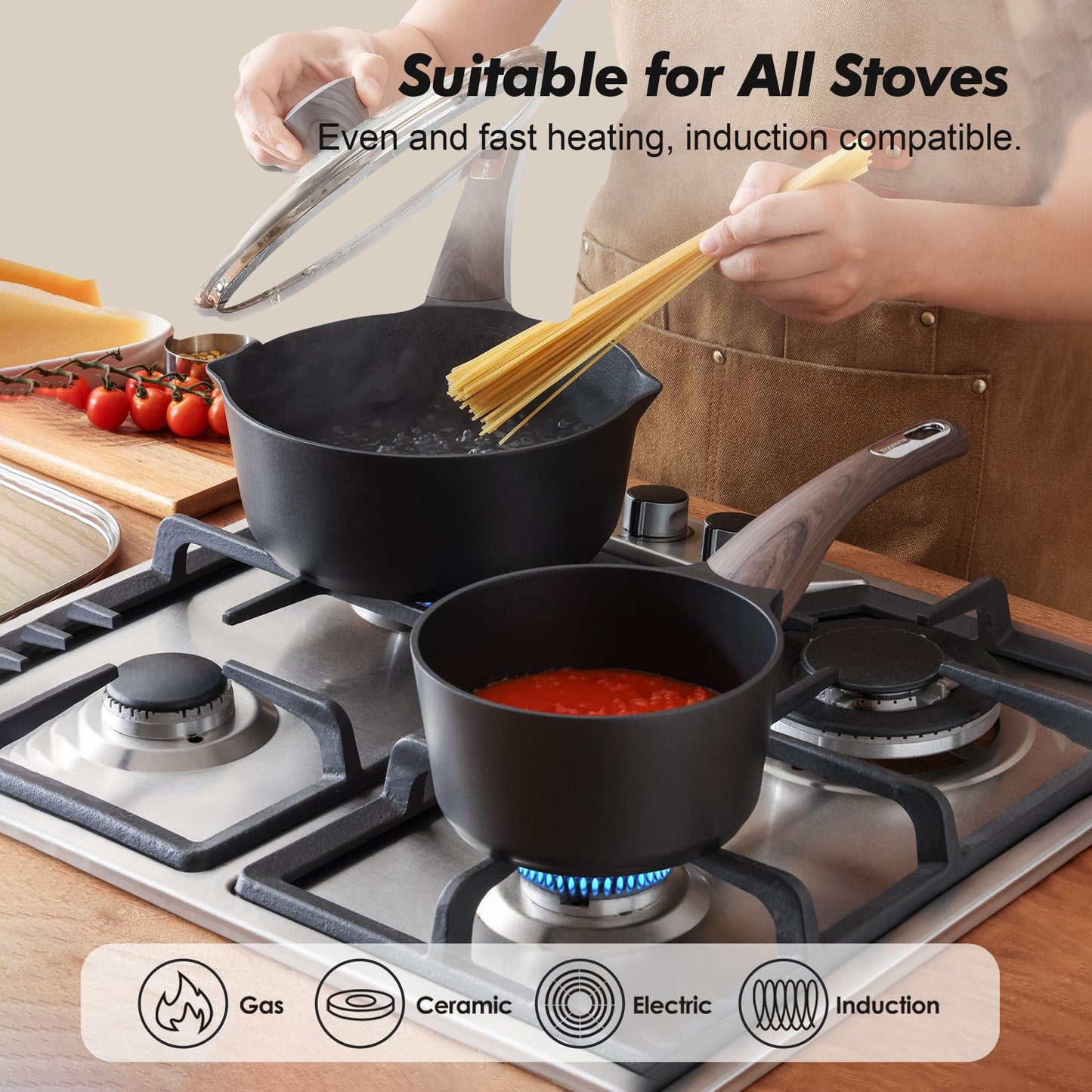 SENSARTE Nonstick Sauce Pan with Lid, 3.0 Quart Saucepan with Double Spout, Multipurpose Large Cooking Pot, Non Toxic Kitchen Sauce Pot, Non Stick Saucier Pan, Induction Comptable, PFOA Free