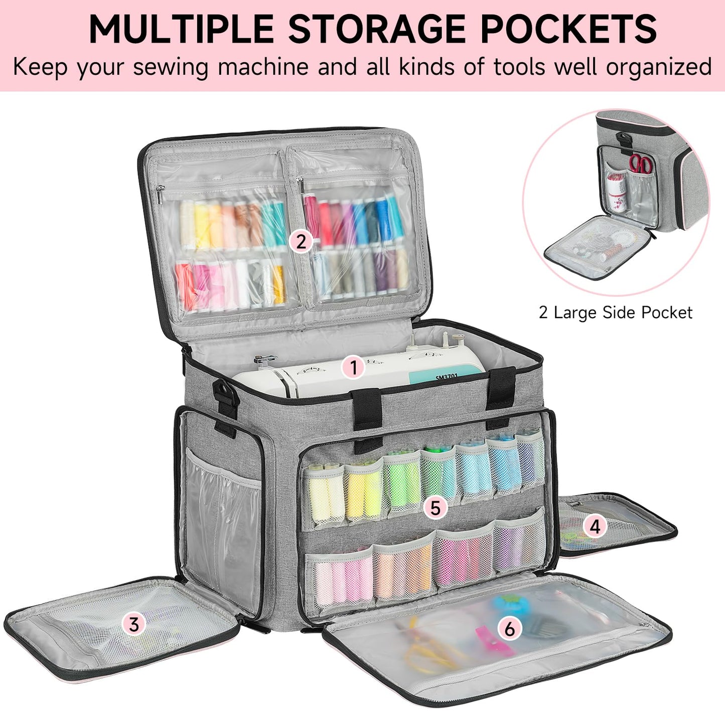 Sewing Machine Carrying Case Bag Compatible with Most Standard Singer,Brother,Janome with Multiple Storage Pockets,Universal Travel Tote Bag with Shoulder Strap for Sewing Machine and Supplie,Grey
