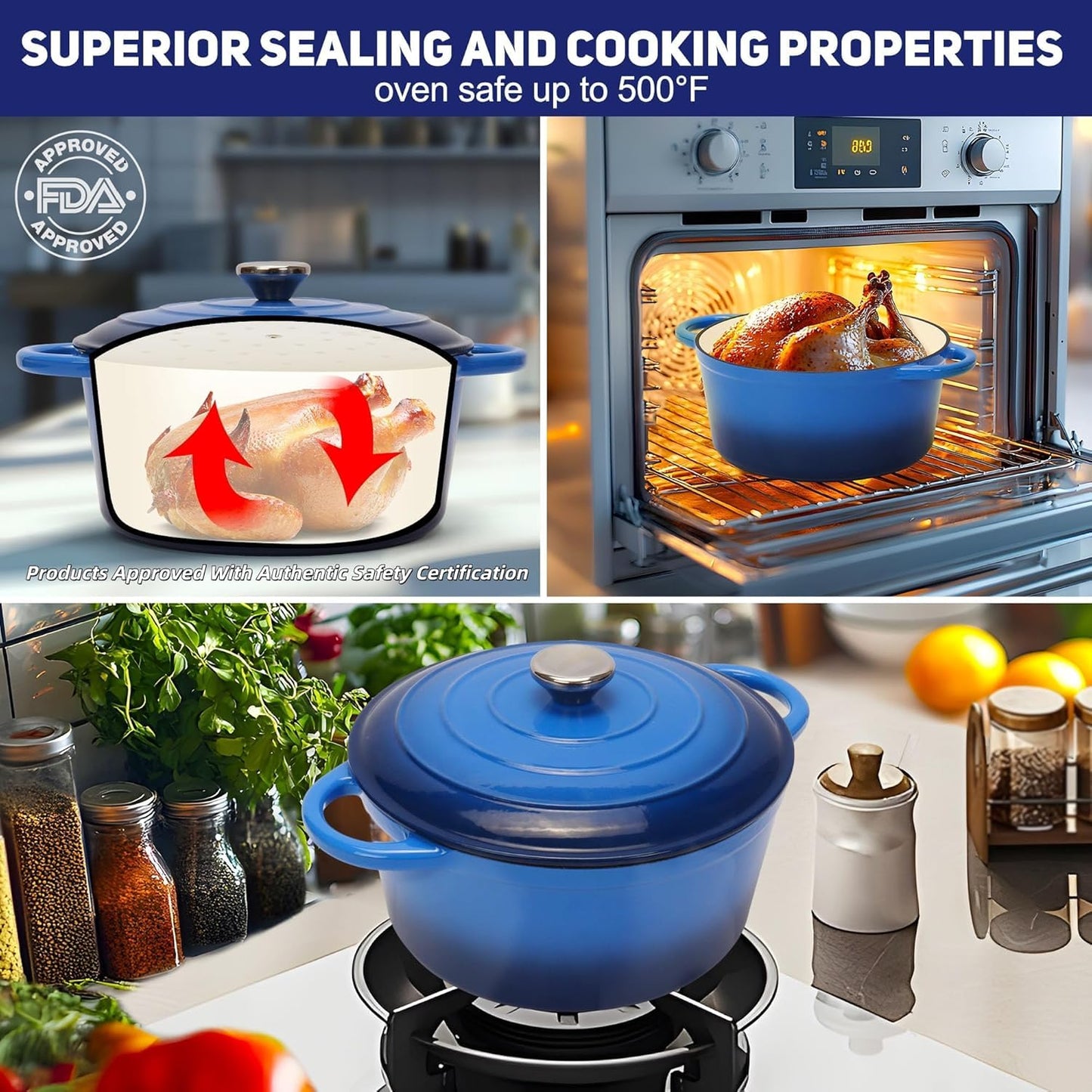 Enameled Cast Iron Dutch Oven for Sourdough Bread, 6QT Cast Iron Pot with Lid, Heavy Duty Dutch Oven Pot for Bread Baking, Braising, Stews, Roasting (Blue) (Dark Blue)