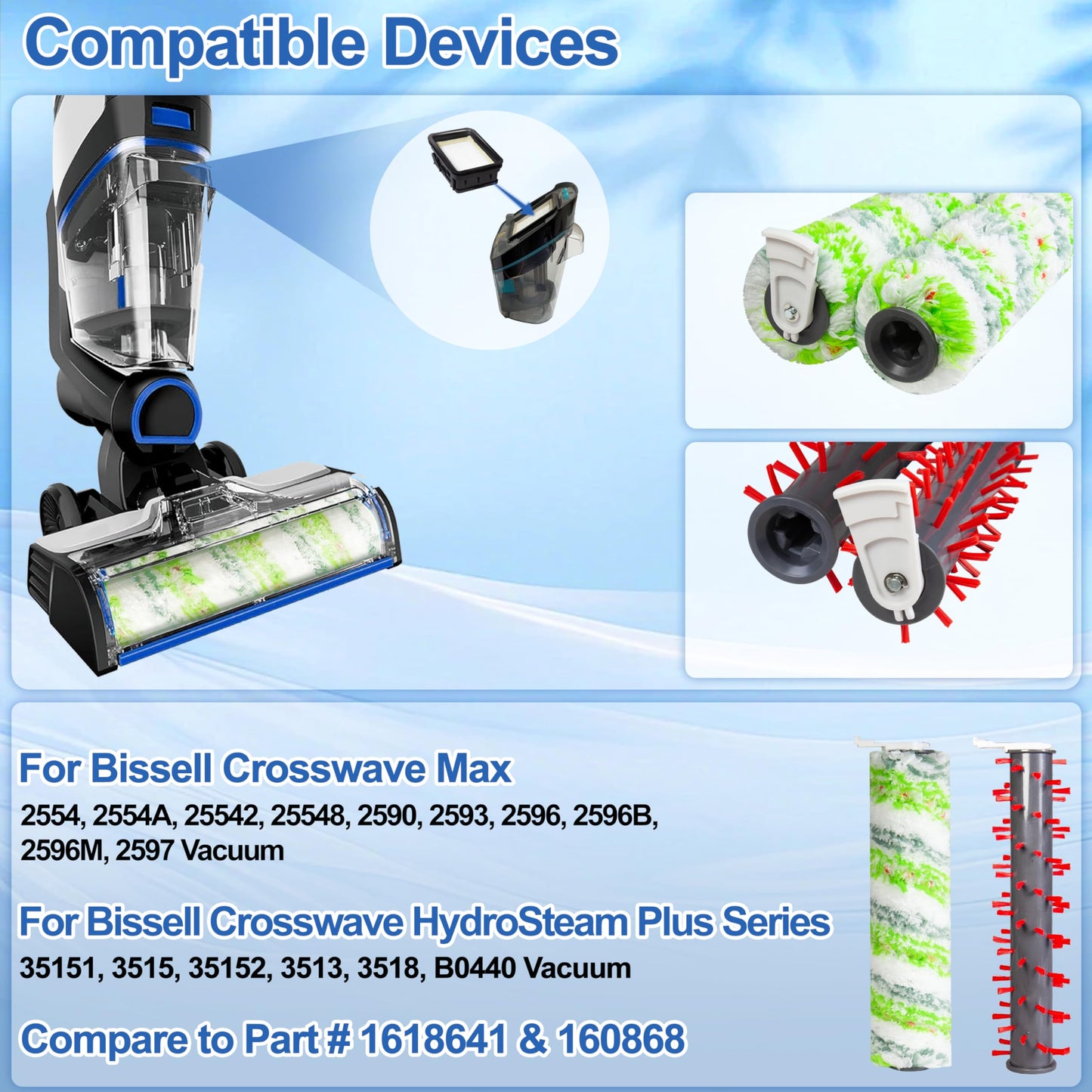 Replacement Brush Rolls & Filters for Bissell CrossWave Max 2554, 2554A, 2590, 2593 & HydroSteam 3515 Series, 3 Multi Surface Brush Rolls, 3 HEPA Filters, Compare to Part # 1618641 1608684