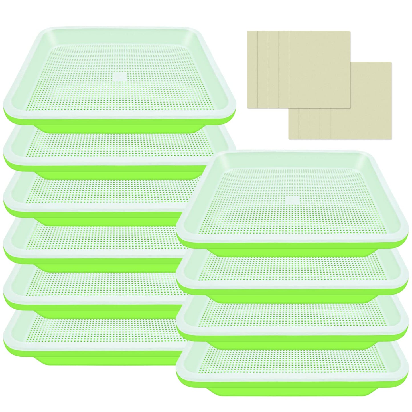 Legigo 10 Pack Green Seed Sprouter Trays- Soil-Free Cultivation Germination Tray, BPA Free Nursery Tray with Planting Paper for Indoors or Outdoors Sprouting Seeds, Grow Grass, Beans