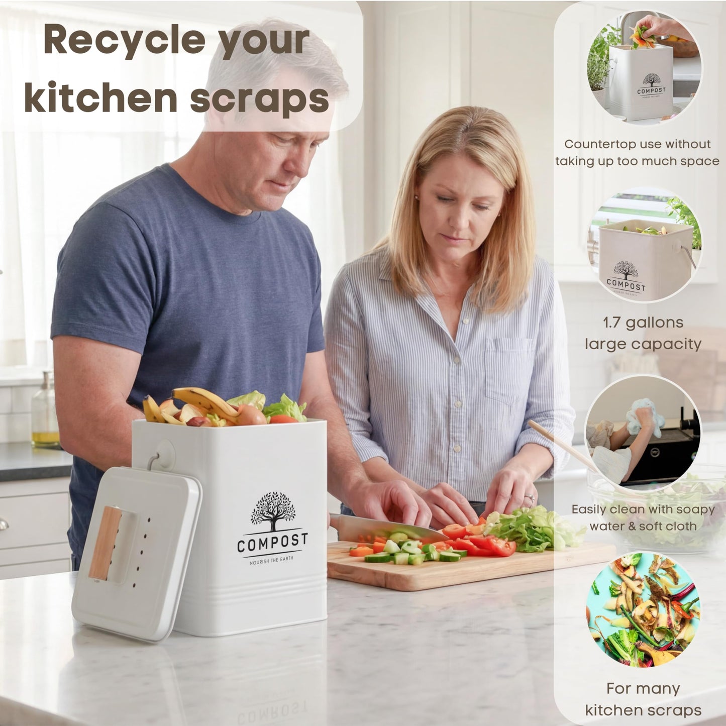 Perfnique Kitchen Compost Bin, 1.7 Gallon Countertop Compost Bin with Lid, Indoor Compost Bin Includes 2 Carbon Filters, Small Compost Bucket, Food Waste Bin for Kitchen with Trash Bags (Cream White)