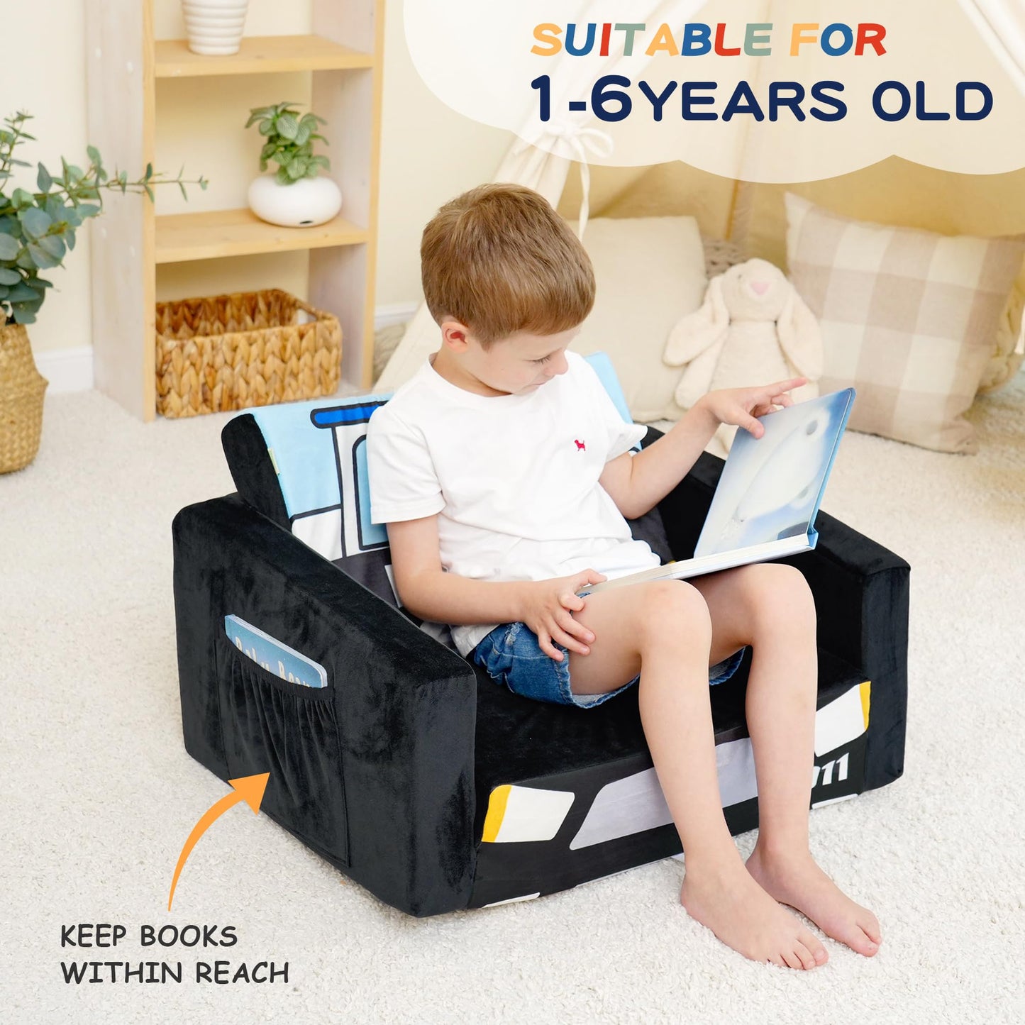 MallBest Kids Sofas Children's Sofa Bed Baby's Upholstered Couch Sleepover Chair Flipout Open Sofa(Black/Police Car)