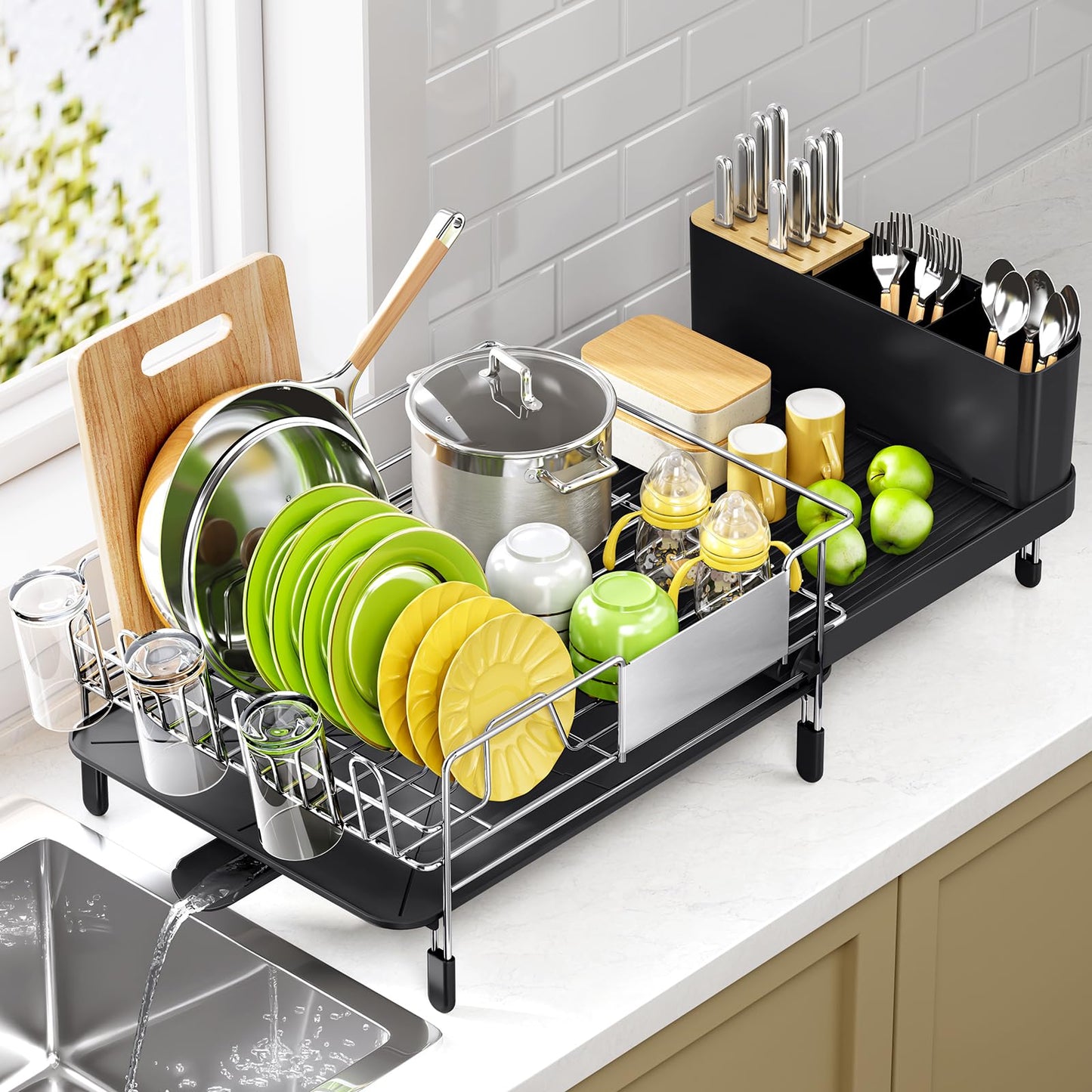 Urackify Expandable Dish Drying Rack Stainless Steel Dish Rack with Drainboard Set Dish Drainer for Kitchen Counter Large Capacity Dish Dryer Rack with 360° Swivel Spout