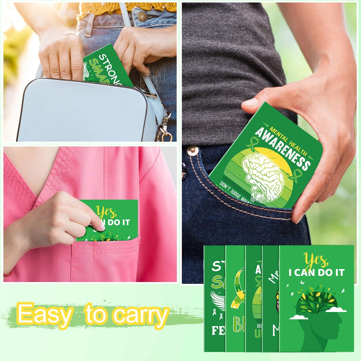 Dinifee 100 Pcs Mini Mental Health Notepads Small Memo Pad Notepads Bulk Mental Health Awareness Green Ribbon Pocket Notebooks, 10 Styles