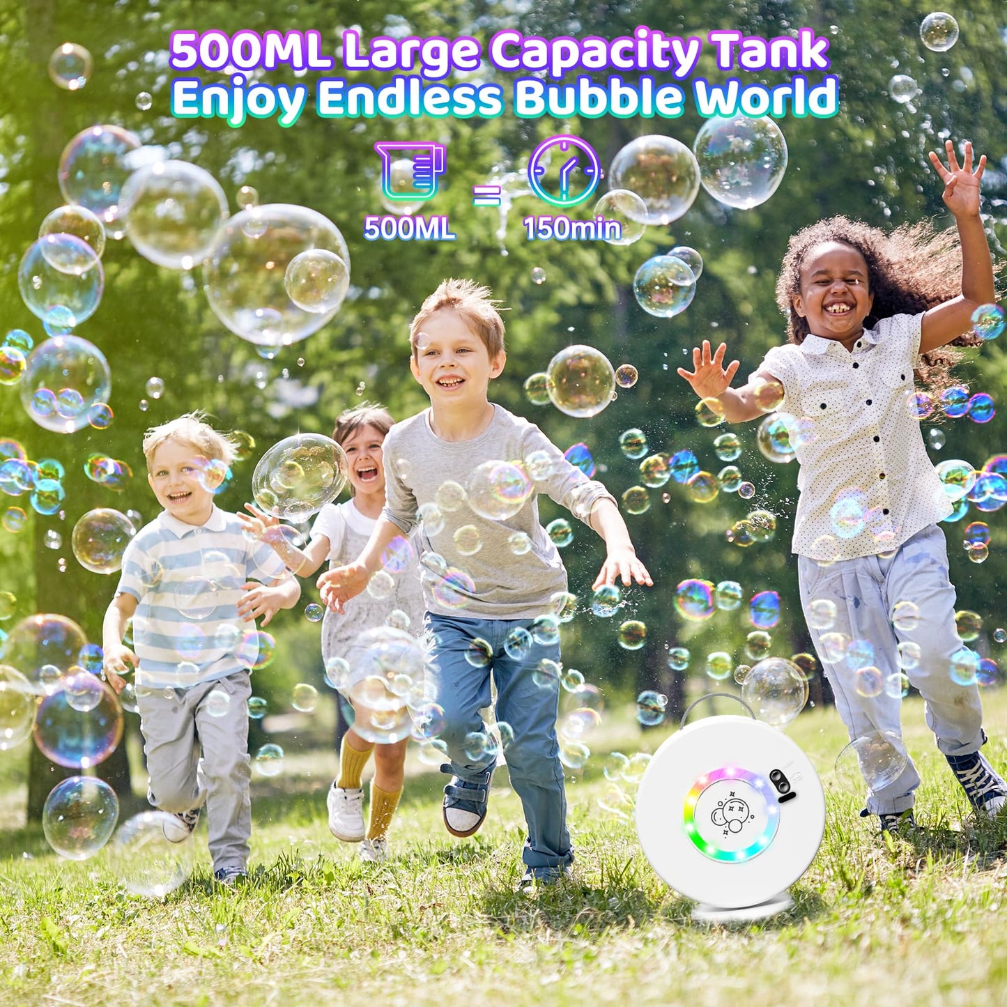 Bubble Machine for Kids Toddlers,Automatic Bubble Blower Rechargeable, 90° 360° Auto Rotatable Portable Bubble Maker Toy for 3 4 5 Year Old, Outdoor Wedding Party Birthday Gifts (White with Light)