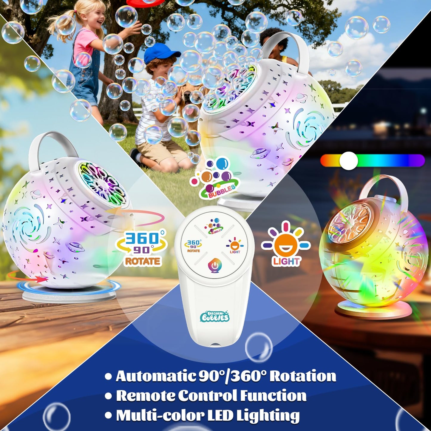 Rechargeable Bubble Machine - Auto 90°/360° Rotation, Remote Control and 7 Colors RGB LED Light, Bubbles Maker Toys for Kids, Bubbles for Wedding Parties, Boys Girls Easter Birthday and Xmas Gift