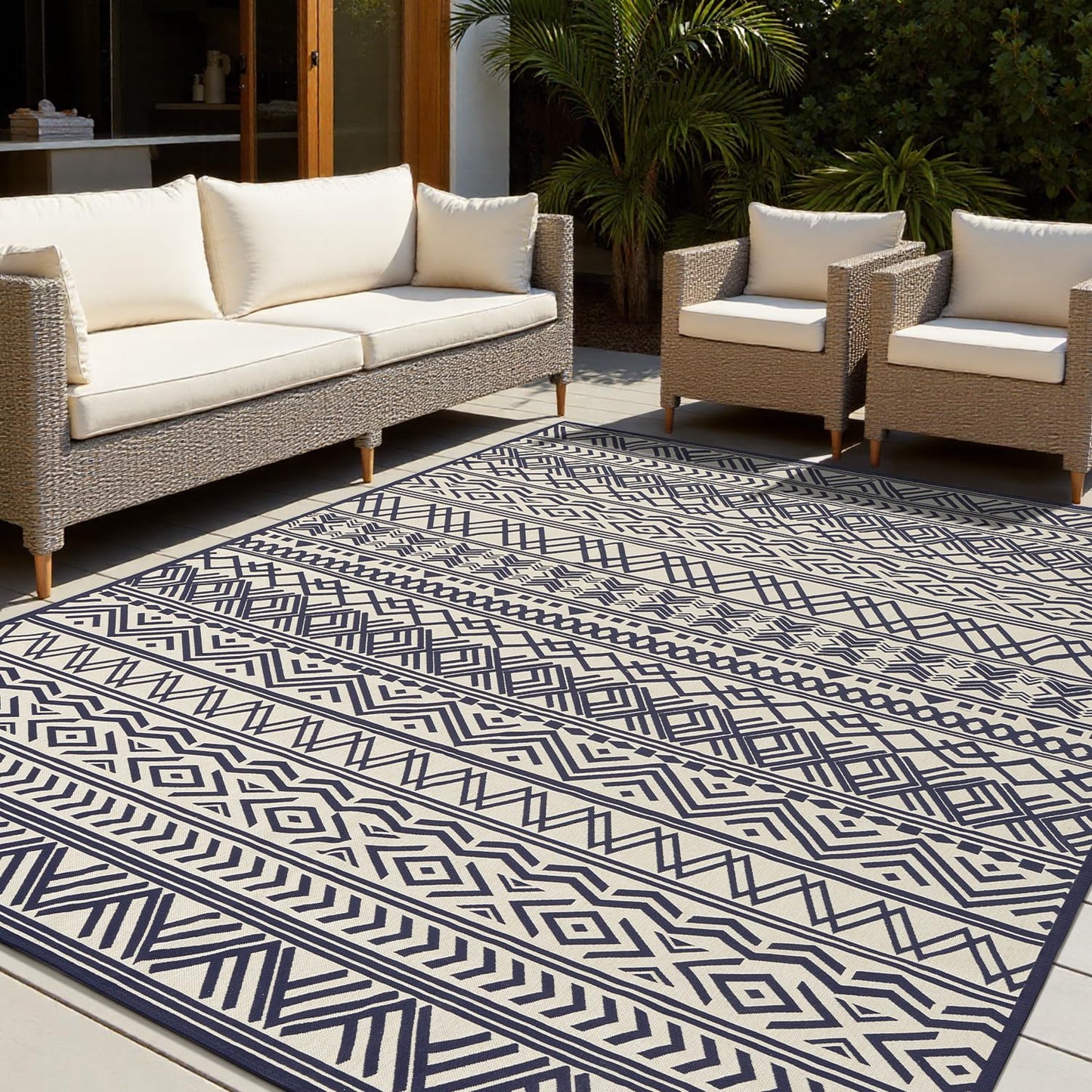 4x6 Outdoor Rug Braided Indoor Outdoor Rugs Carpet Non Slip Outdoor Patio Rug with Rubber Particles Backing, Boho Outdoor Area Rug for Patio Deck Front Porch Balcony Backyard Living Room, Navy