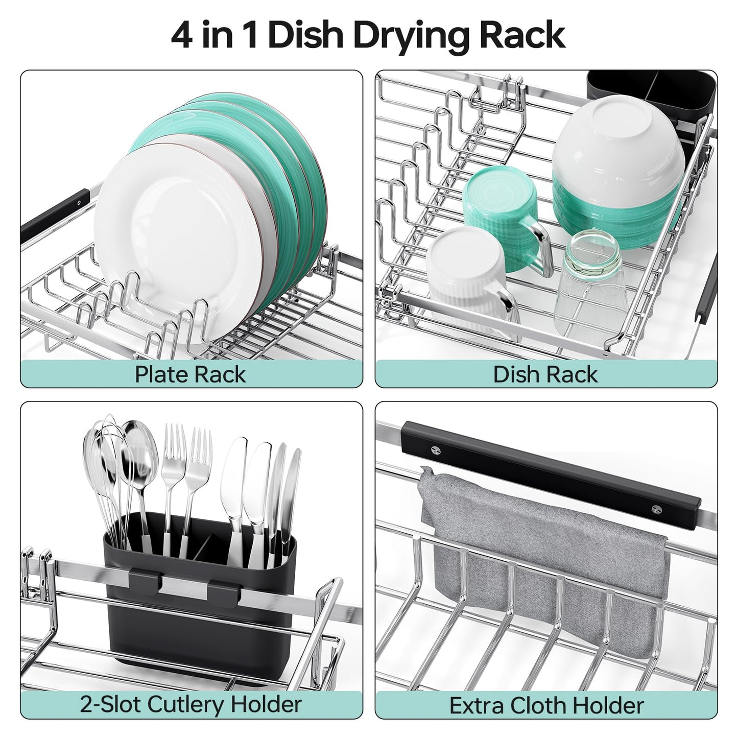 Urackify Stainless Steel Expandable-Sink-Dish-Drying-Rack with Utensil Holder for Kitchen Counter, in Sink and Over The Sink, Rust Resistant, Silver