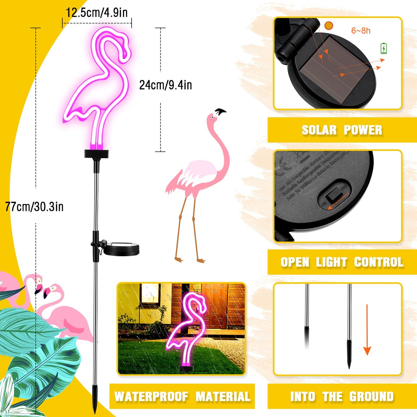 Flamingo Solar Lights Outdoor Neon Light Yard Pink Flamingo Waterproof Decorations for Garden Patio Yard Pathway Decoration(2 Pack)