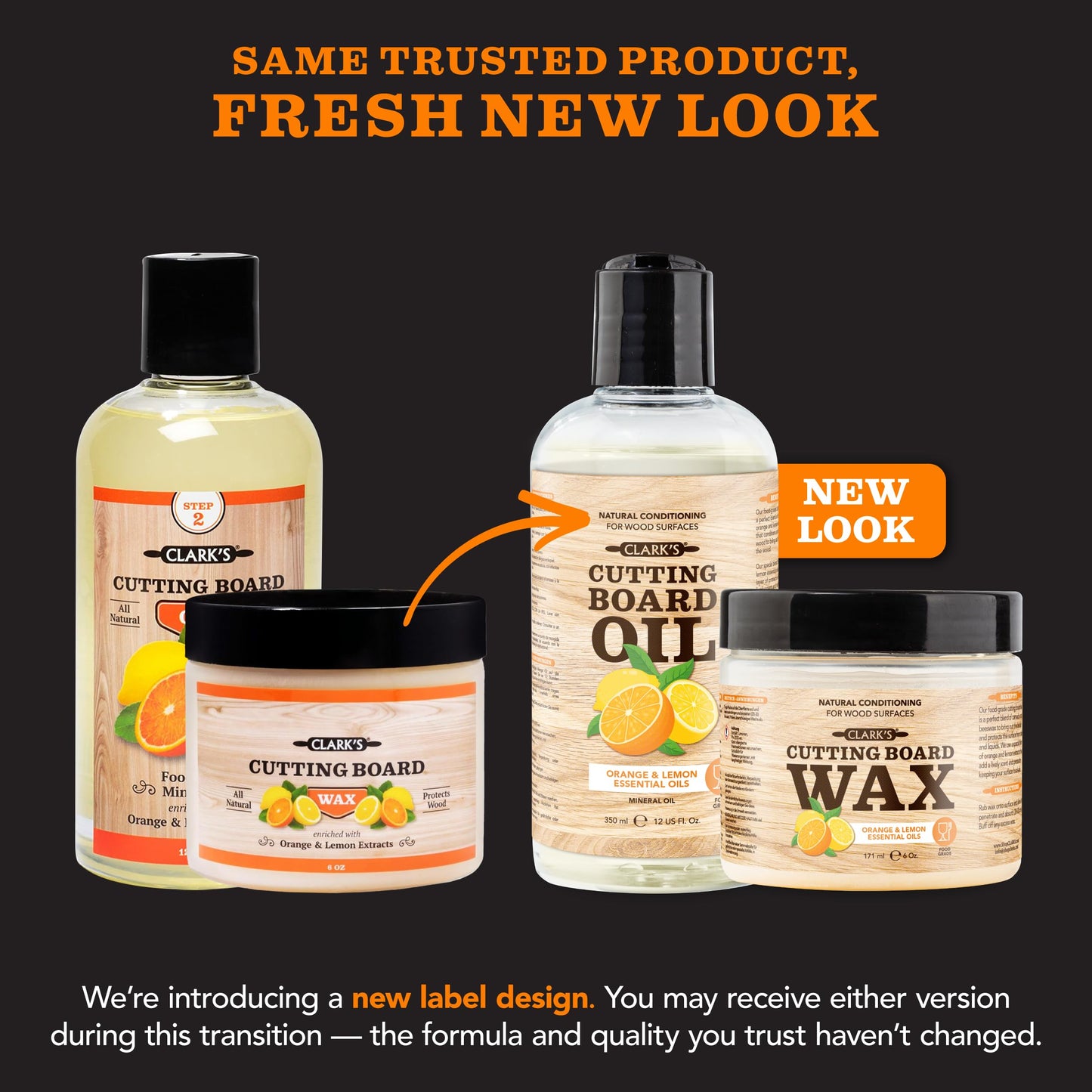 CLARK'S Cutting Board Finishing Kit - Includes Food Grade Mineral Oil (12 oz) - Cutting Board Wax (6oz) - Applicator and Buffing Pad - Orange-Lemon Scented - Butcher Block Oil Included