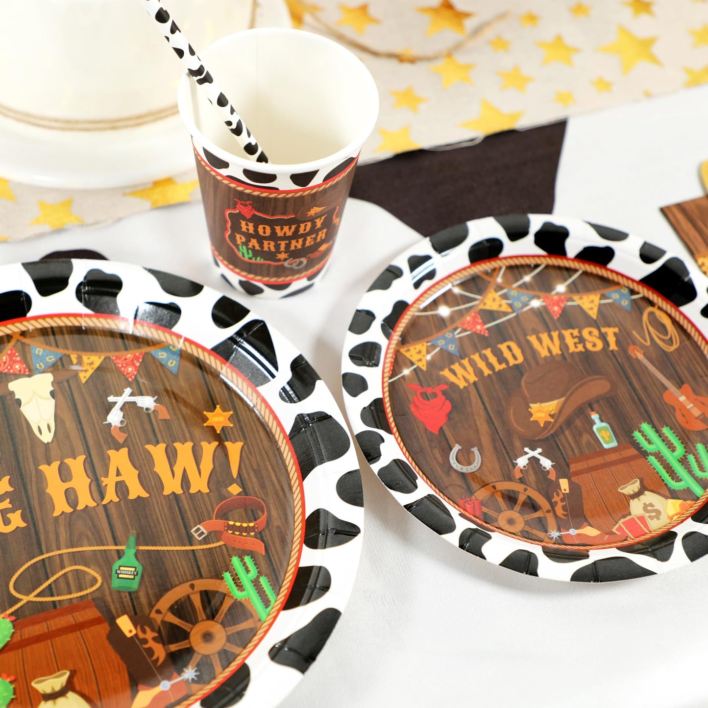 Western Birthday Party Supplies Decorations, Cowboy Wild West Theme Birthday Paper Plates and Napkins Set with Cups and Straws for 24 Guests, 120 Pcs Disposable Party Dessert Dinnerwares