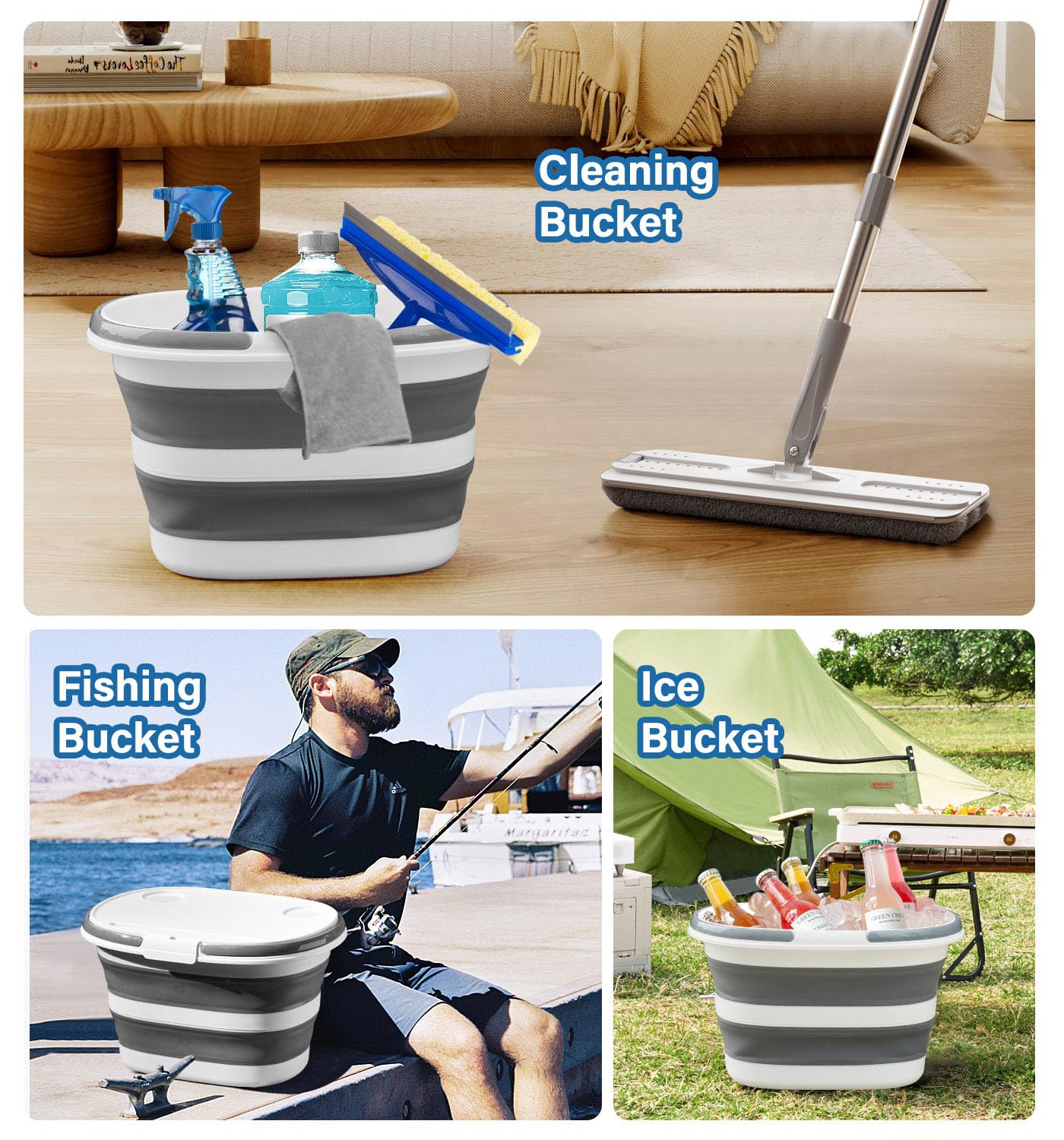 Lesipee Upgraded16L Collapsible Mop Bucket with Multi-Functional Lid - 4-in-1 Foldable Silicone Tub with Table Surface, Floor Stand, Space Saving 4.2 Gallon Storage Solution for Home & Outdoor