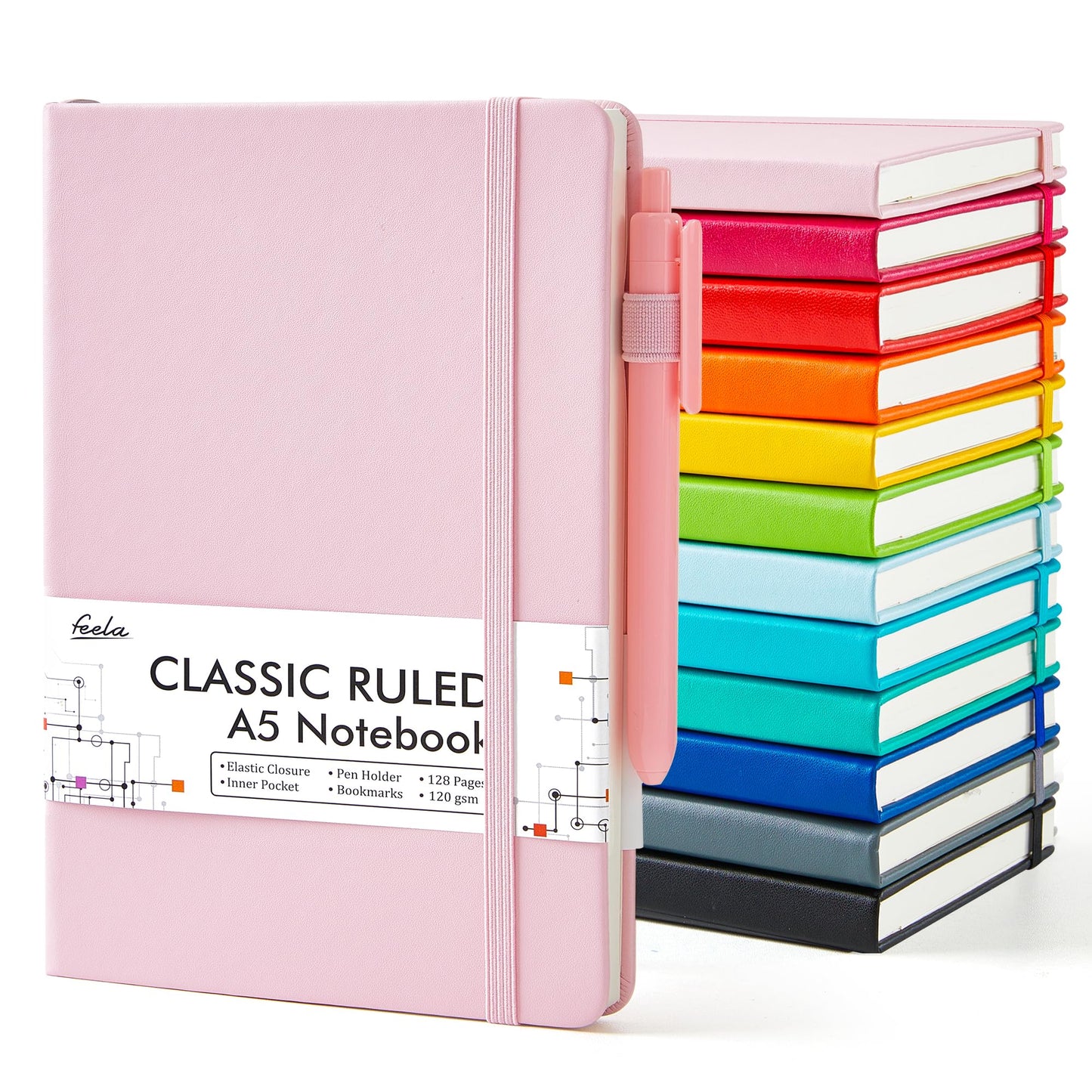 feela Notebooks Journals Bulk, Hardcover Notebook Classic Ruled Journal Set with Pen Holder for School Business Work Travel Writing, with 12 Black Pens, 120 GSM, 5.1”x8.3”, 12 Pack, A5, Solid Colors