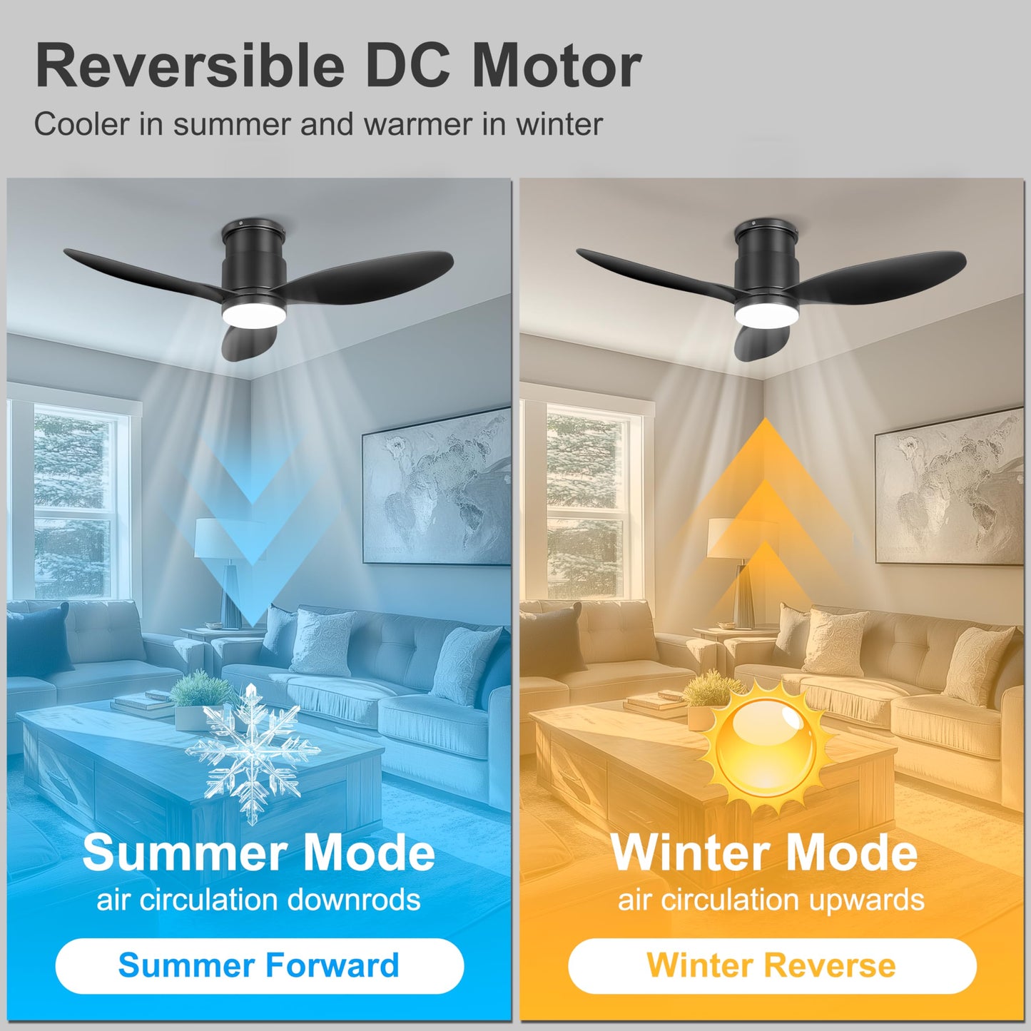Ohniyou 42'' Flush Mount Ceiling Fan with Light, Remote & App Control, 3 Colors & Dimmable, Silent DC Motor, Low-Profile Indoor Fan for Bedroom, Kitchen, Living Room (Black)