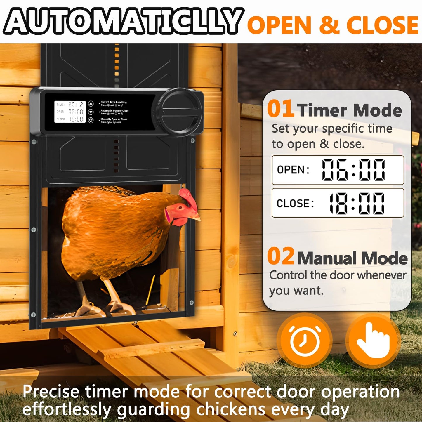 Automatic Chicken Coop Door - Large Chicken Door Automatic, Chicken Coop Door | Aluminum Alloy | Anti-Pinch | Manual & Timer Mode, Automatic Chicken Door with Low Battery Warning