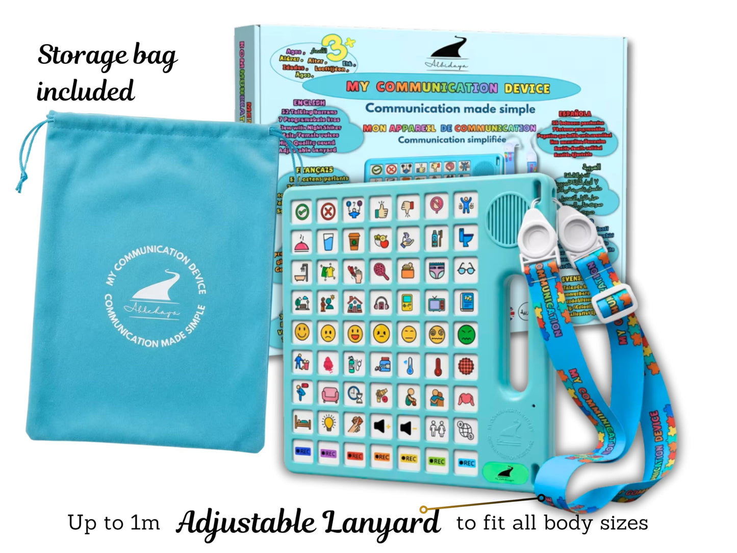 8 Languages AAC Device with 63 Buttons - Speech Tool for Autism - TBI, Talking, Communication Support for Nonverbal Users, ALS, Stroke, Apraxia, Aphasia - Intuitive Audio with Lanyard.