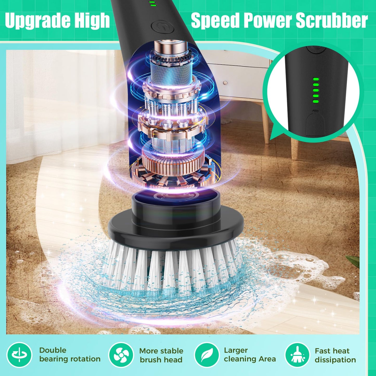 YKYI Electric Spin Scrubber, Cordless Cleaning Brush with 8 Replaceable Brush Heads, Power Scrubber with Adjustable Extension Handle for Bathroom, Tub, Tile, Floor and Kitchen Cleaning (White)