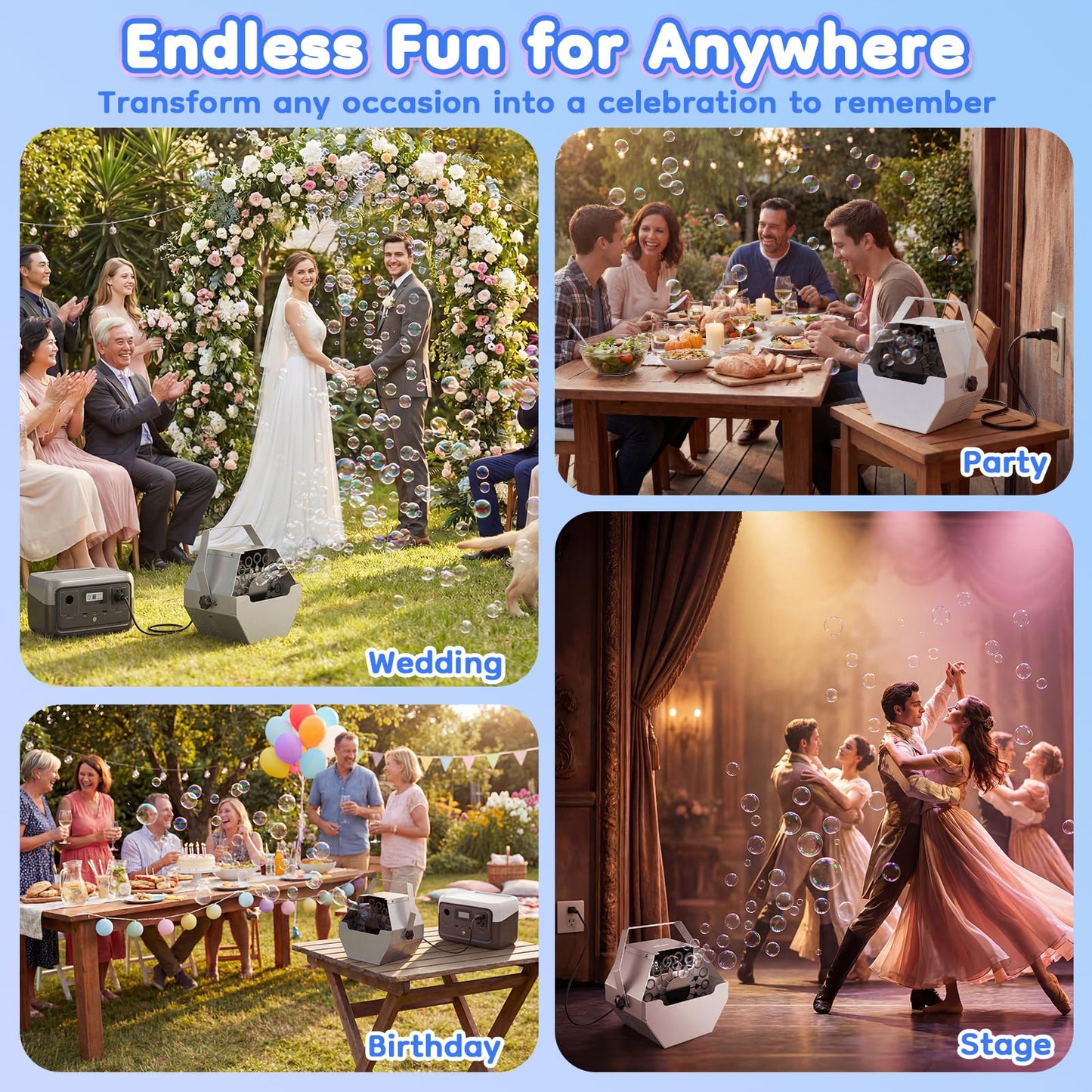 Theefun Bubble Machine: 750ML Metal Automatic Bubble Maker, Portable Professional Bubble Blower Operated by Plug-in Bubble Machine for Parties Weddings, Silver-Gray