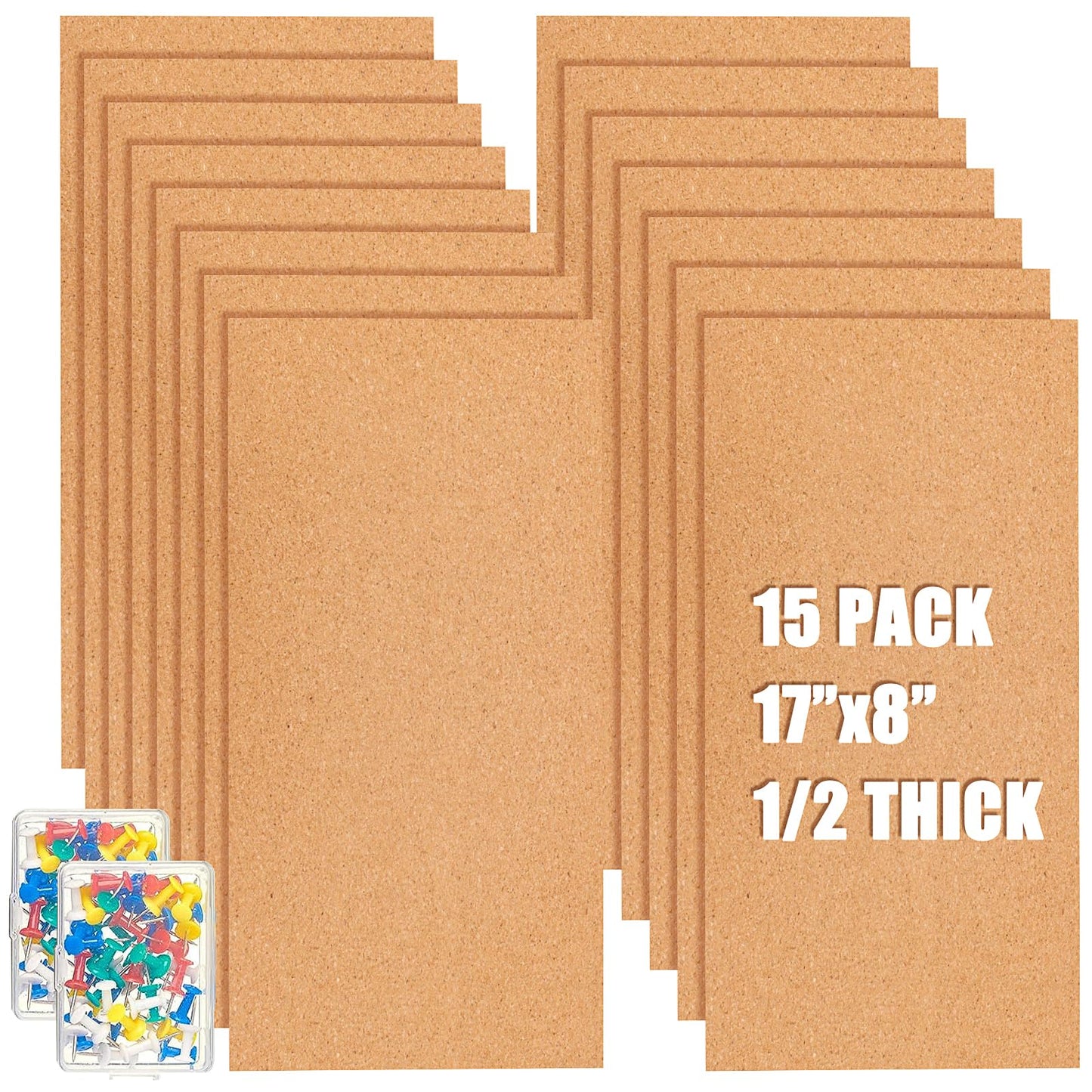 15 Pack Cork Bulletin Board 17 x 8 Inch, 1/2'' Thick Cork Board Tiles Self Adhesive Cork Board Frameless Cork Tiles Wall Decor with 100 Pushpins for School Home Office