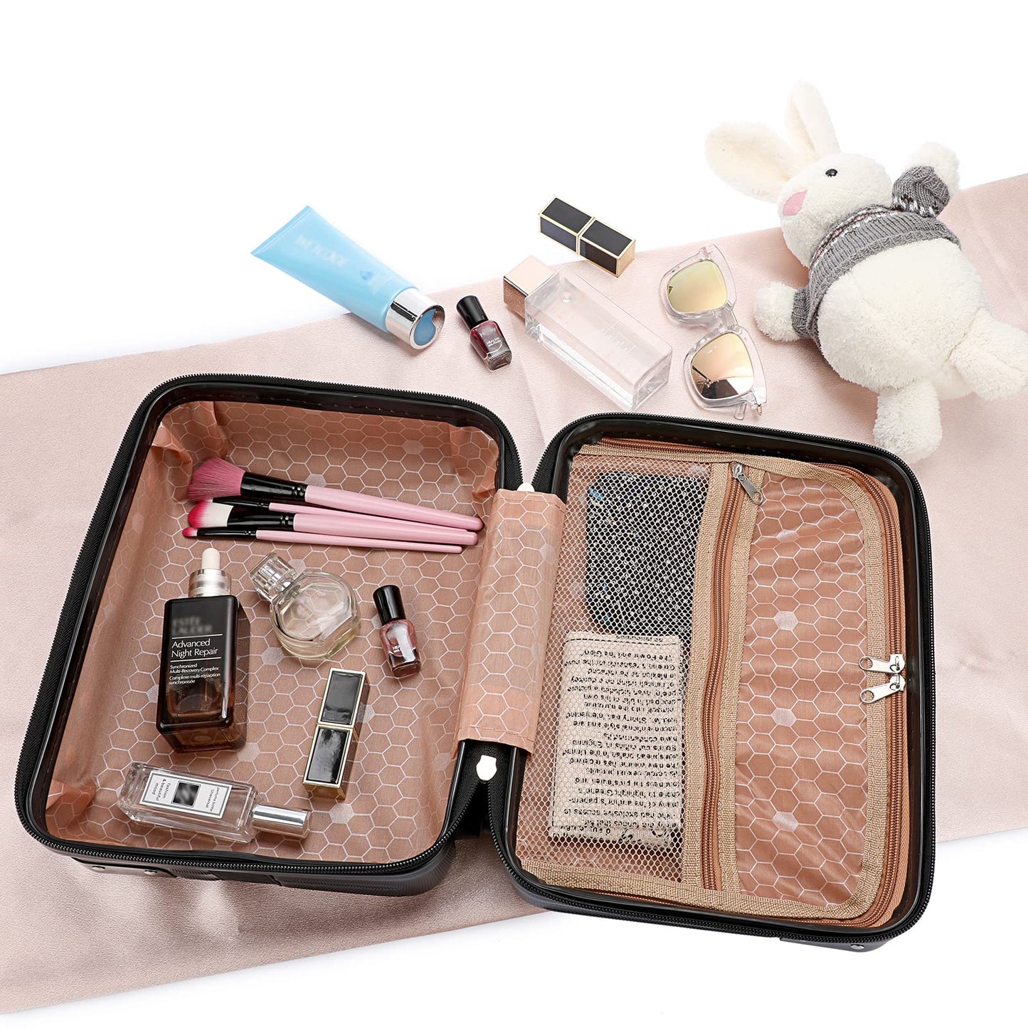 BSTKEY Portable Hard Shell Cosmetic Travel Case, Small Travel Hand Luggage with Elastic Band, Mini ABS Carrying Makeup Case Suitcase, Black, Fashion