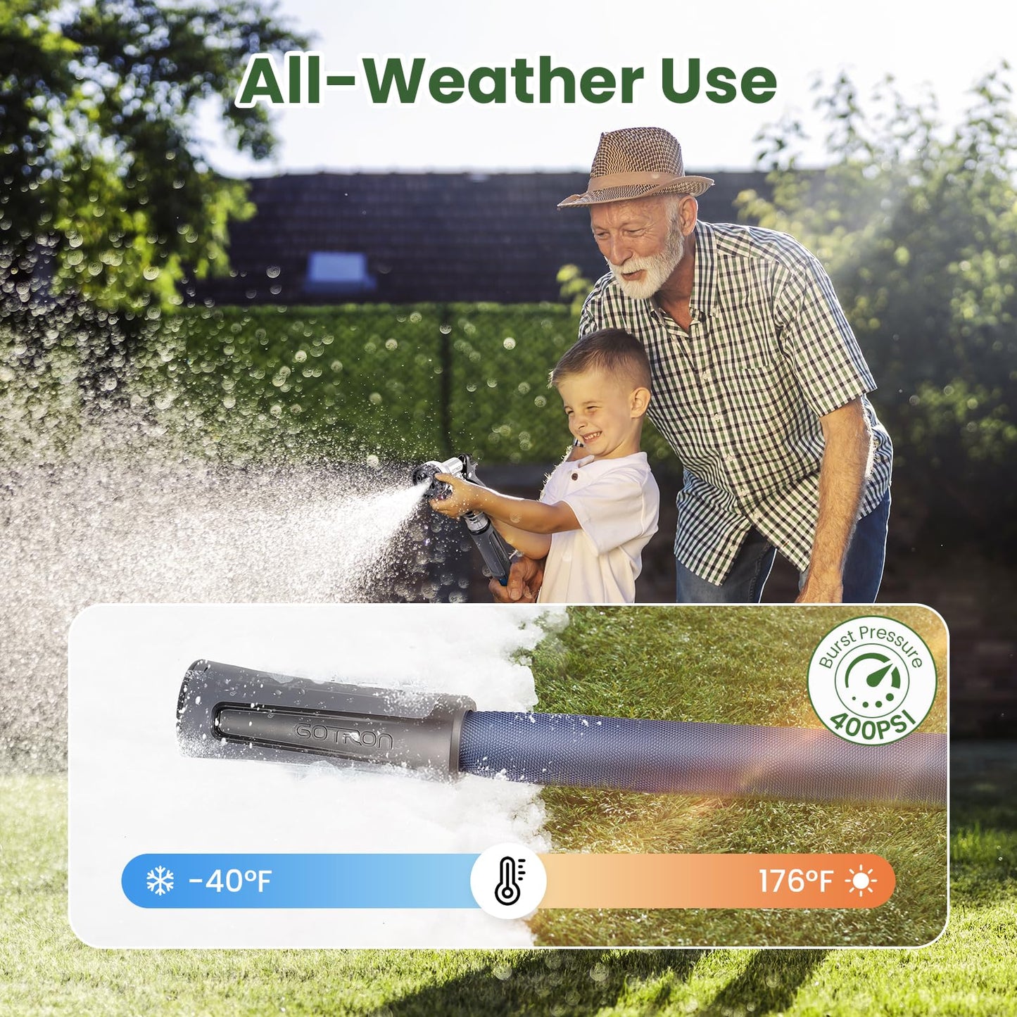 Gotron Garden Hose 50ft, Non-Expanding Lightweight Water Hose with 7 Function Nozzle & 360° Swivel Grip, Flexible, Kink-Free, Wear-Resistant, Leak-Proof, 3/4" Thickened Connector, Yard, Garden