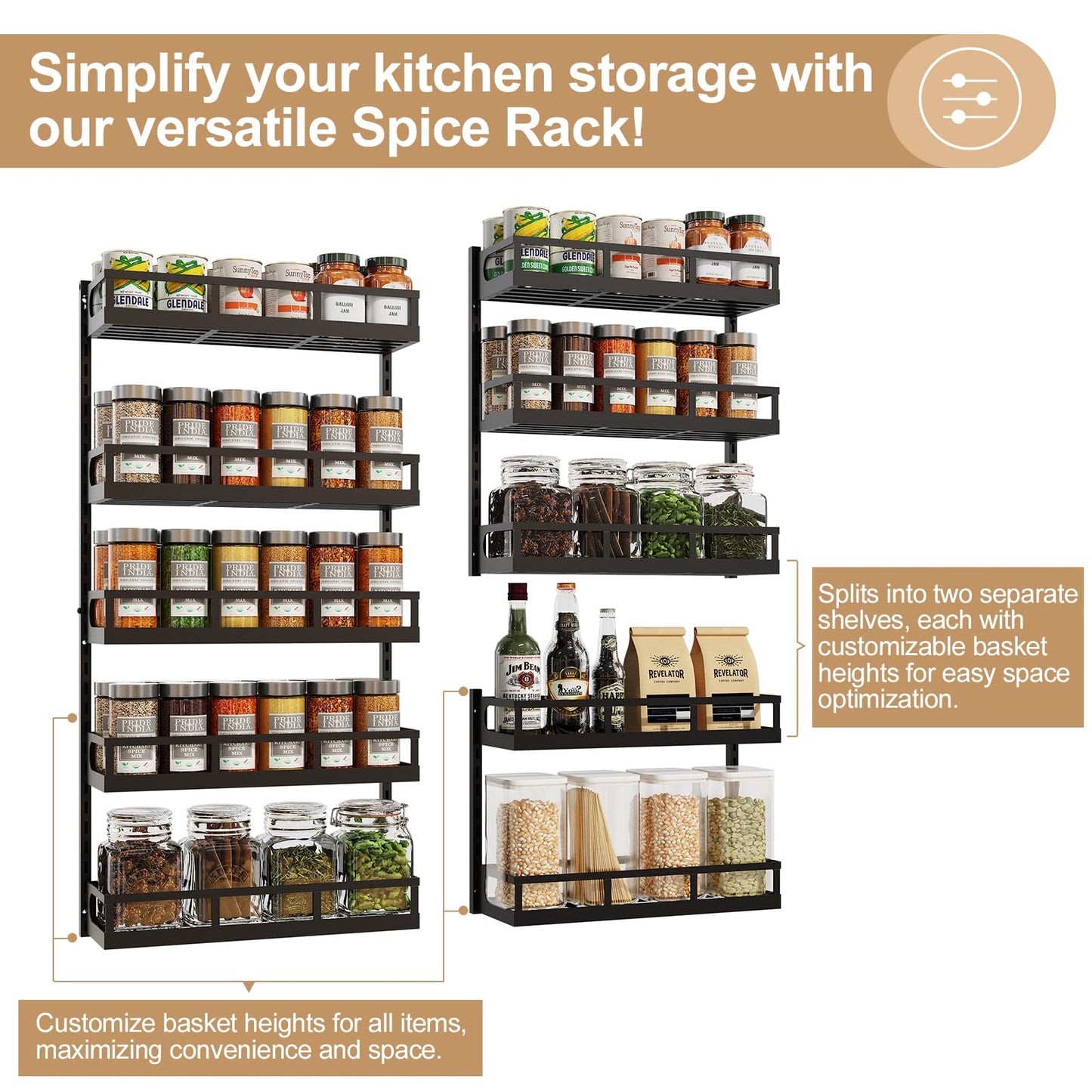 X-cosrack Wall Mount Spice Rack Organizer 5 Tier Height-Adjustable Hanging Spice Shelf Storage for Kitchen Pantry Cabinet Door, Dual-Use Seasoning Holder Rack with Hooks, Black-Patent Pending