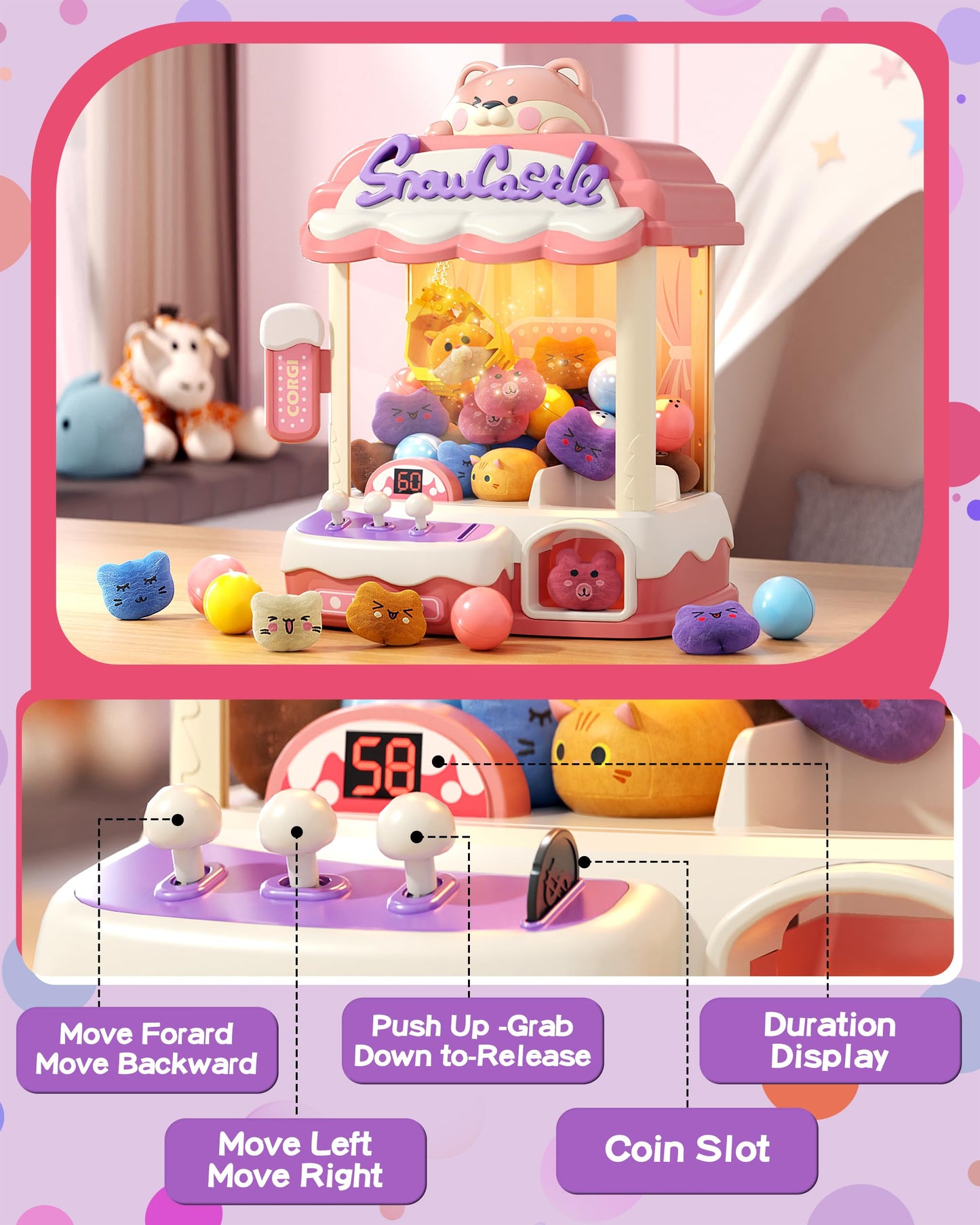 Claw Machine for Kids, Mini Vending Machine with Music, Prize Dispenser Toys for Girls and Boys, Electronic Claw Game Machine for Party Birthdays, Includes 45 Mini Toys (Medium)