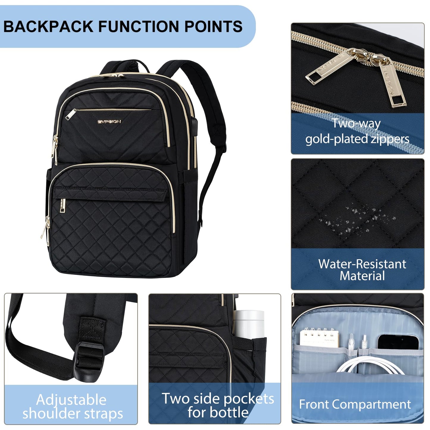 EMPSIGN Laptop Backpack Purse for Women and Men with USB Charging Port, 15.6 Inch Travel Water Resistant Quilted Backpack, High-Capacity 30L Work Business Computer Backpack, Quilted Black